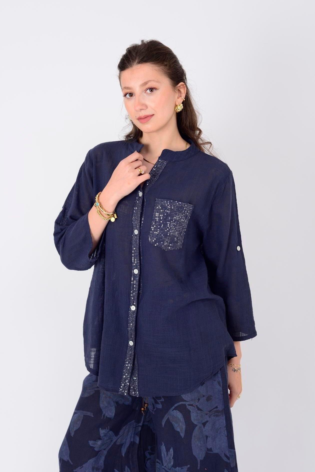 22046 Pul Detaylı 3 Düğmeli Keten Gömlek