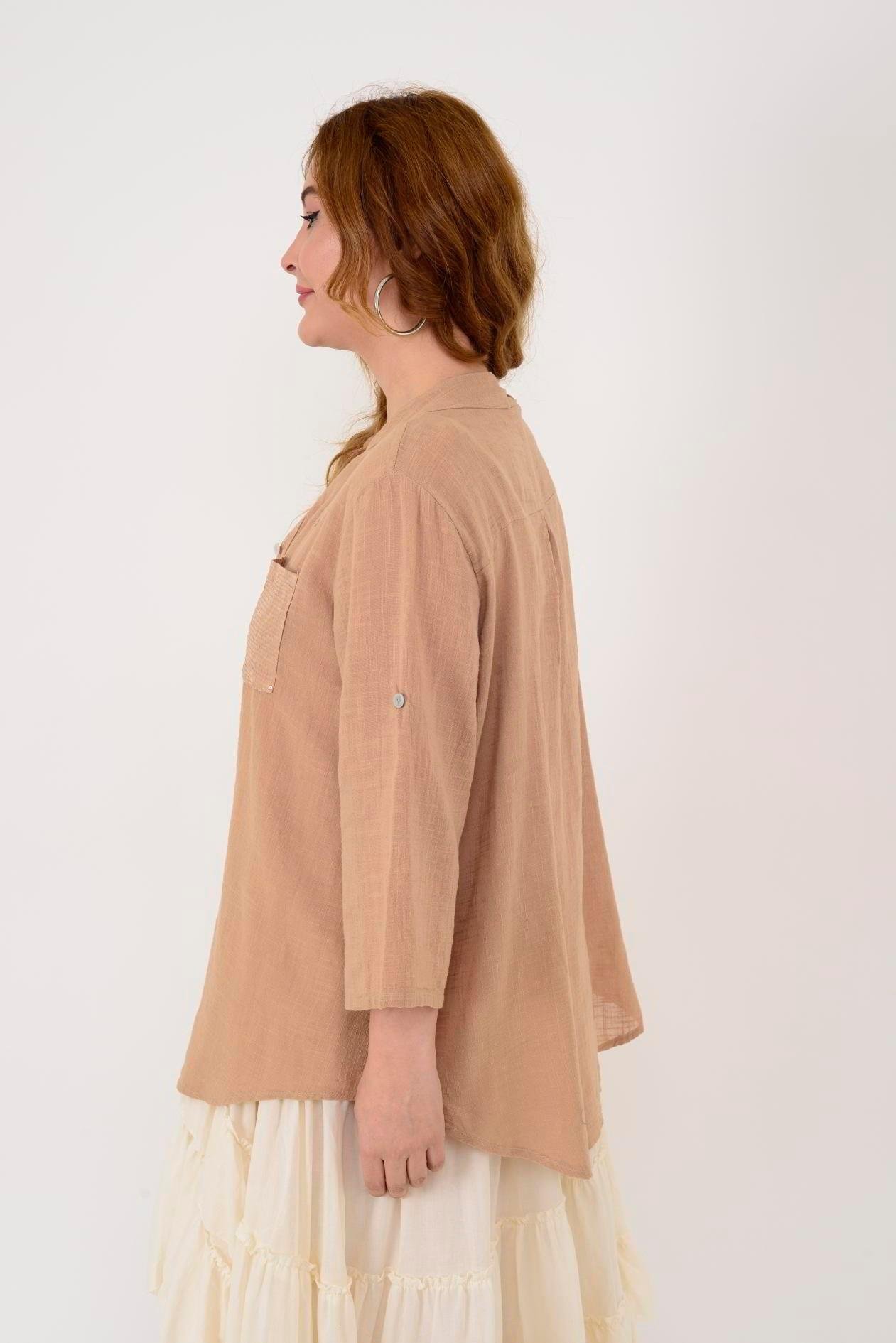 22046 Pul Detaylı 3 Düğmeli Keten Gömlek