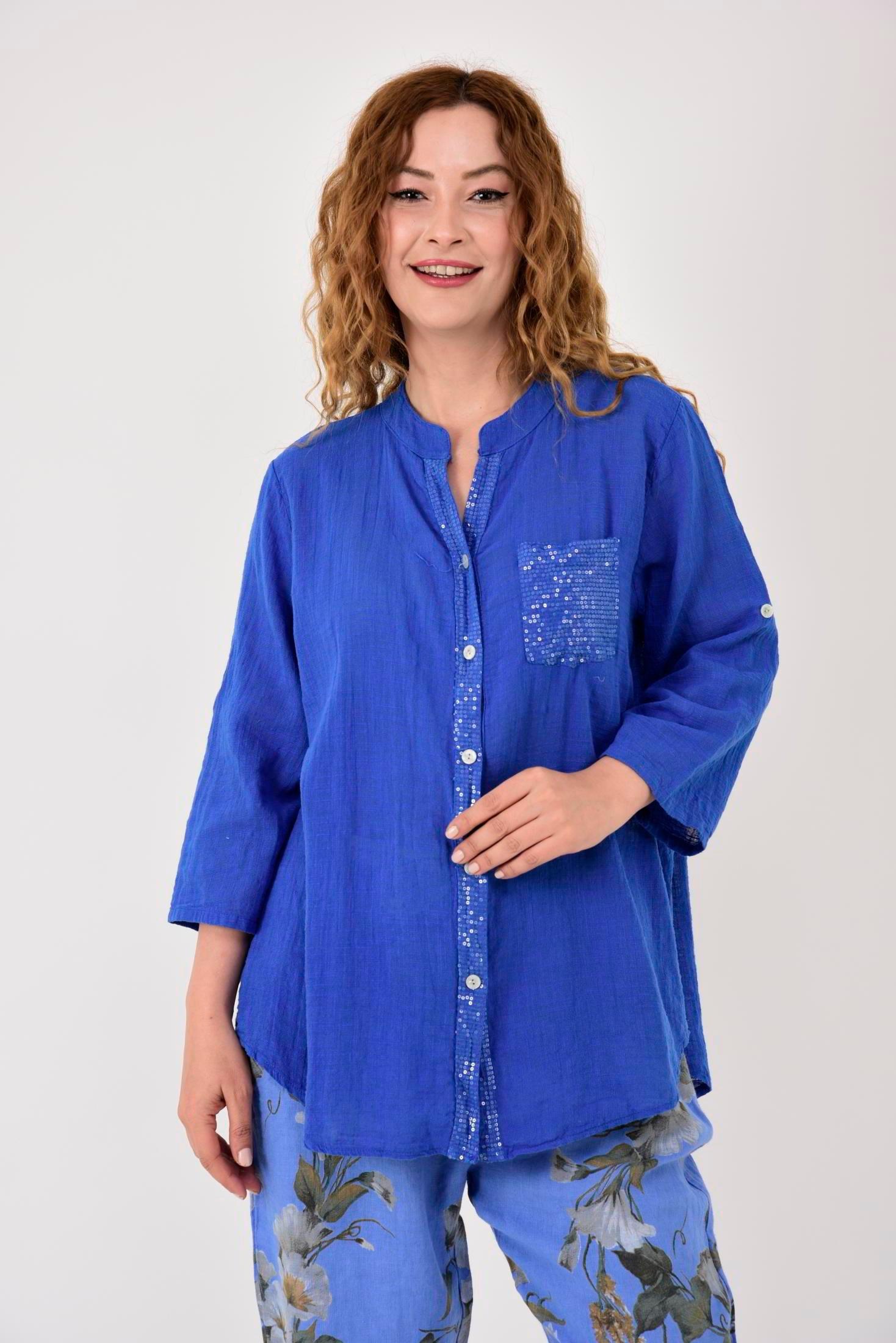 22046 Pul Detaylı 3 Düğmeli Keten Gömlek