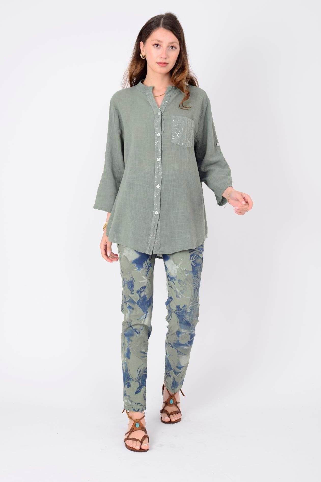 22046 Pul Detaylı 3 Düğmeli Keten Gömlek