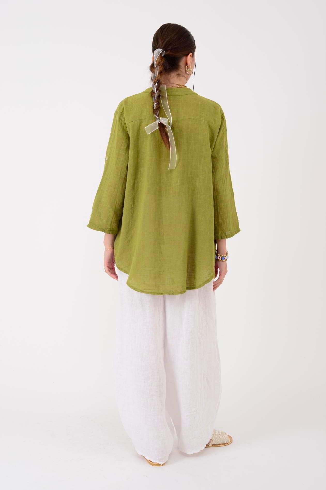 22046 Pul Detaylı 3 Düğmeli Keten Gömlek