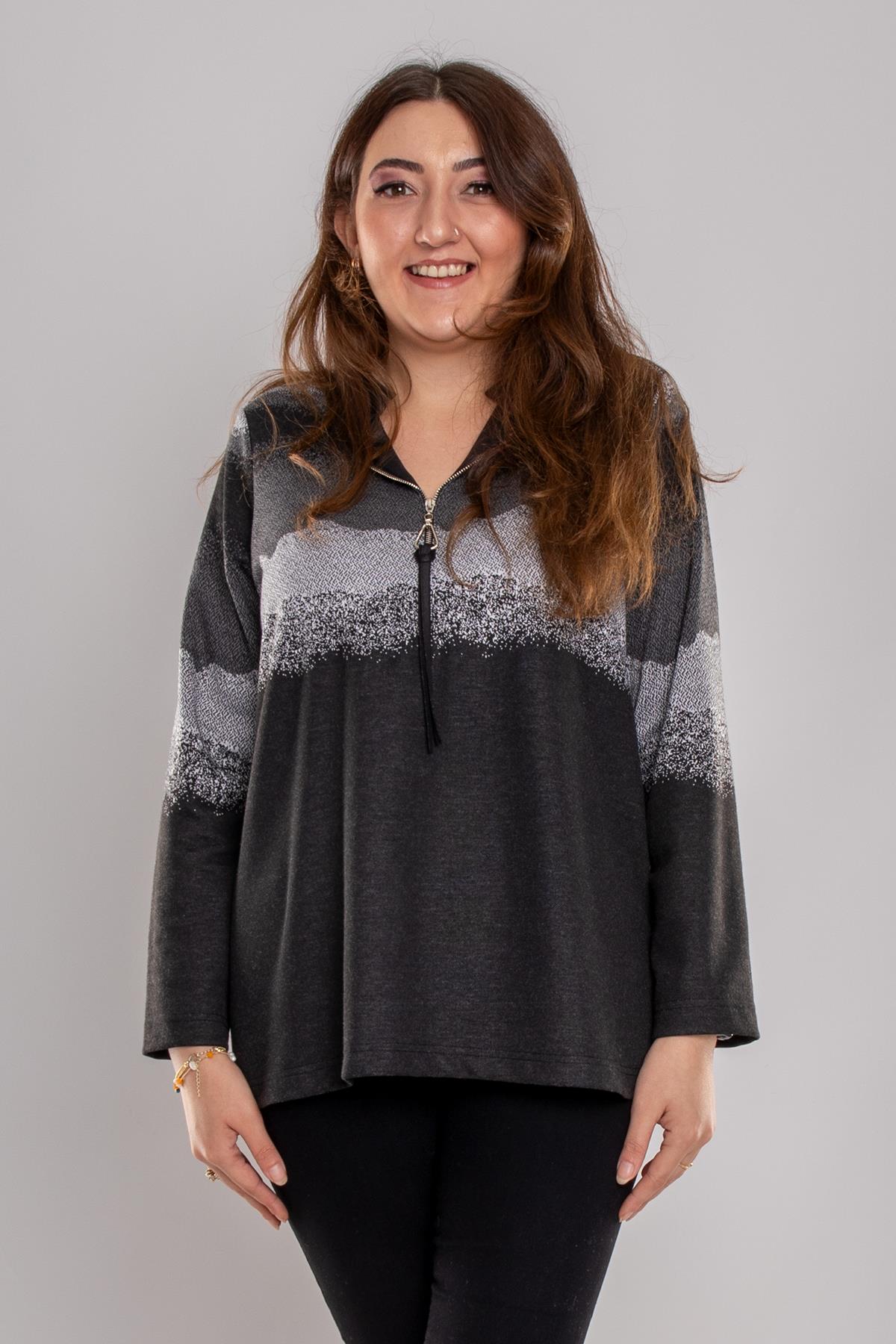 2208 Büyük Beden Degrade Yaka Fermuarlı Viscon Bluz