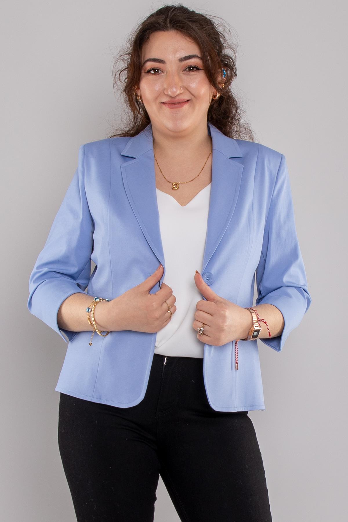 224 Büyük Beden Truvakar Kol Yırtmaçlı Tek Düğme Keten Ceket