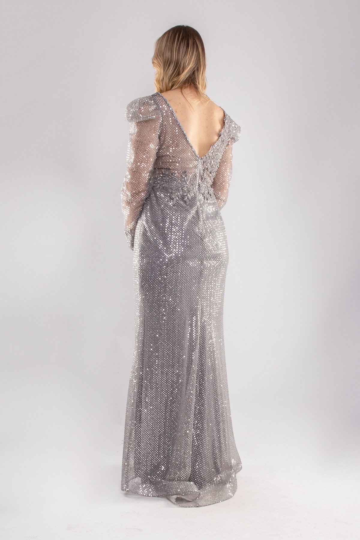 22403 Büyük Beden Petek Desen Payet İşli Uzunkol Abiye