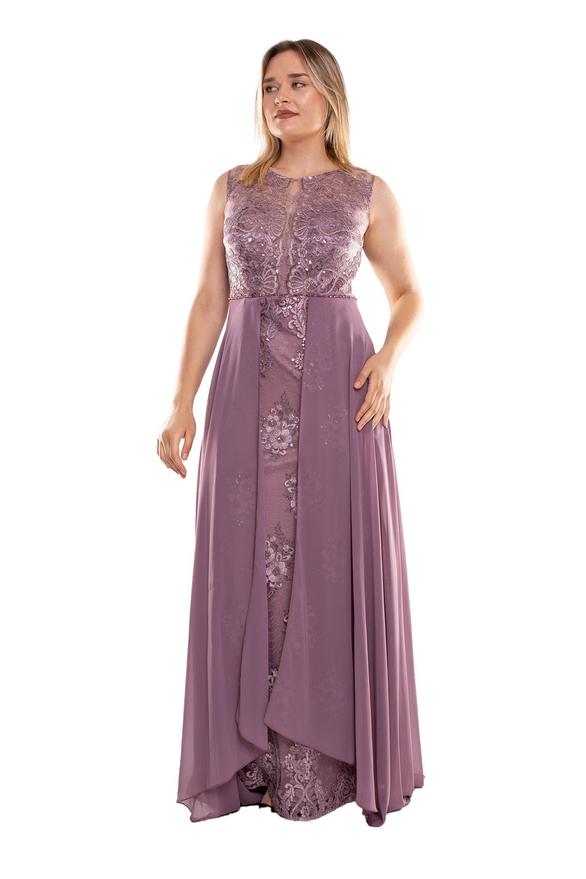 22417 Büyük Beden Nakışlı Tül Etek Detay Uzun Abiye