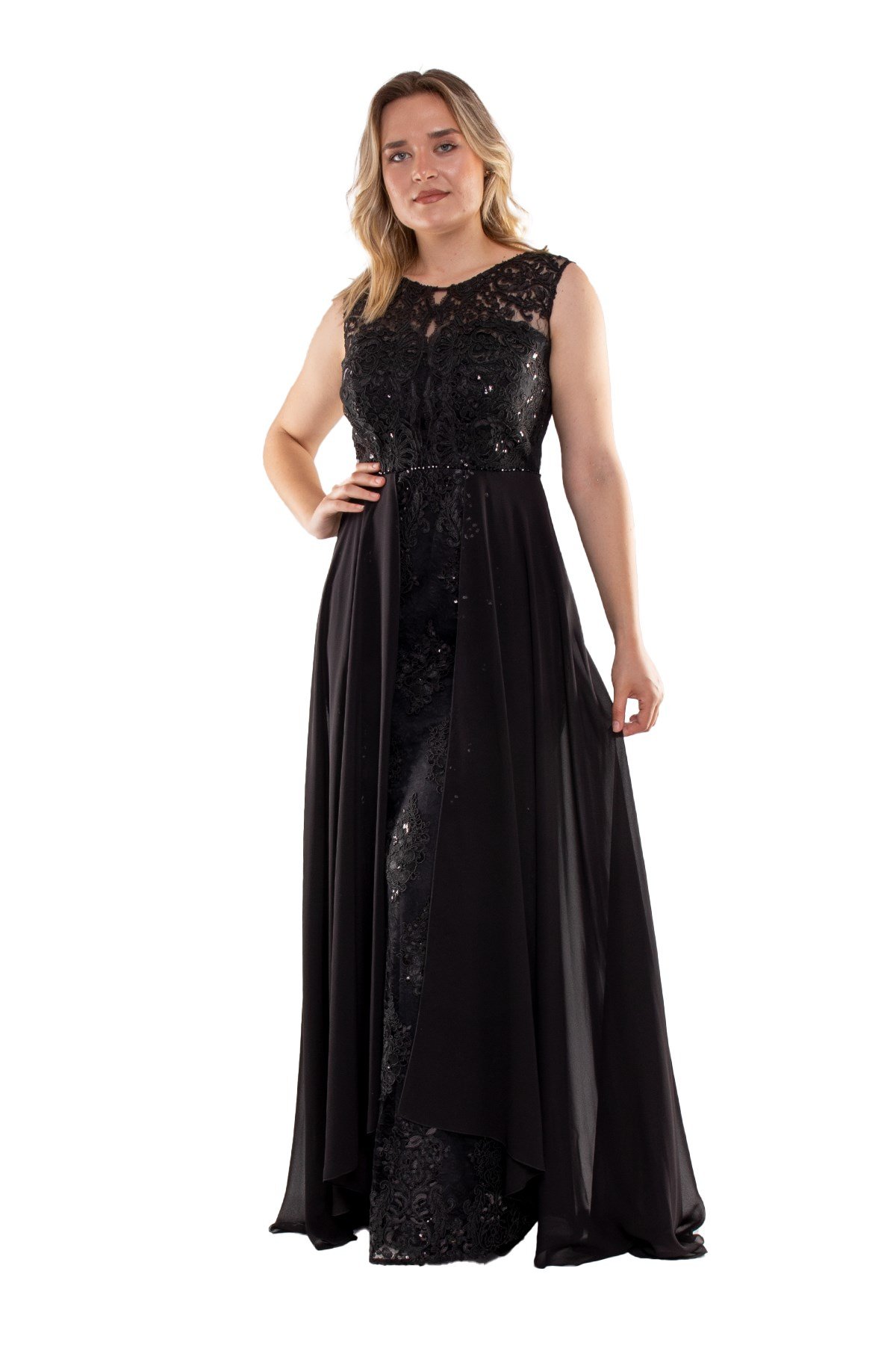 22417 Büyük Beden Nakışlı Tül Etek Detay Uzun Abiye