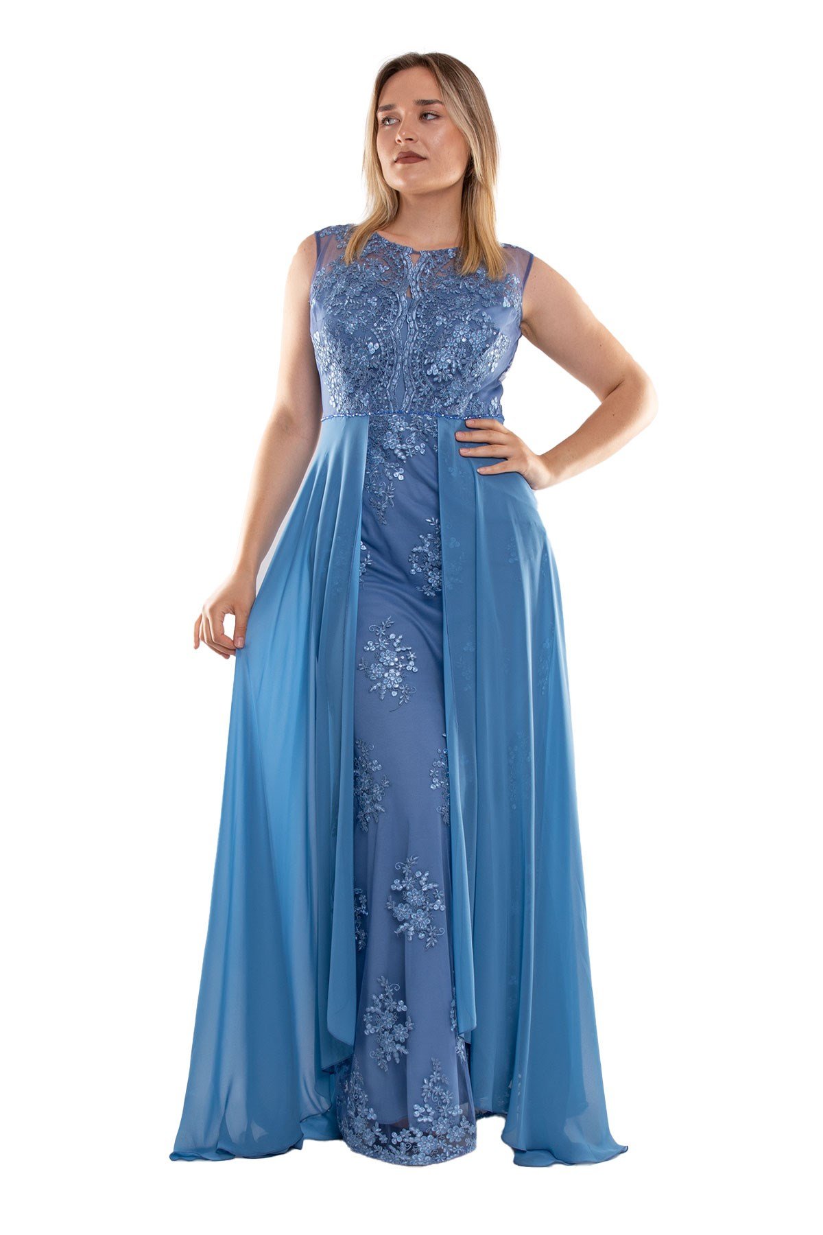 22417 Büyük Beden Nakışlı Tül Etek Detay Uzun Abiye