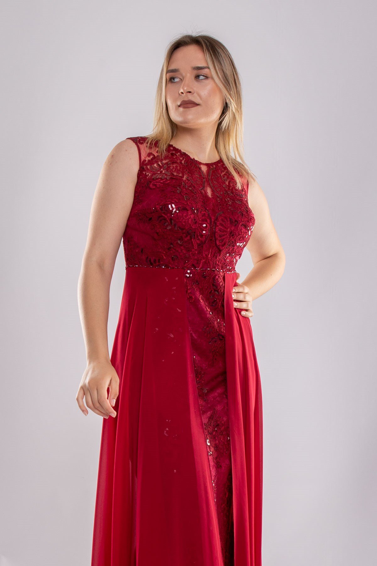 22417 Büyük Beden Nakışlı Tül Etek Detay Uzun Abiye