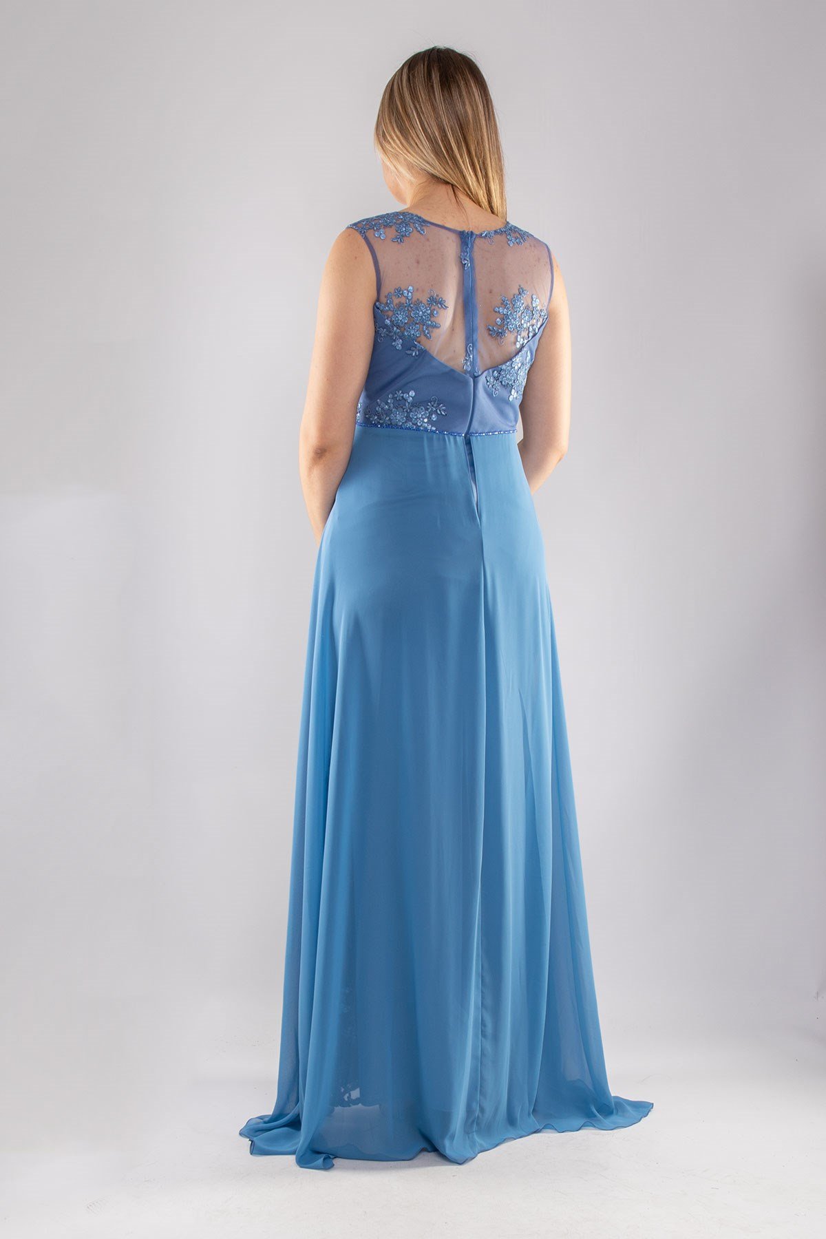 22417 Büyük Beden Nakışlı Tül Etek Detay Uzun Abiye