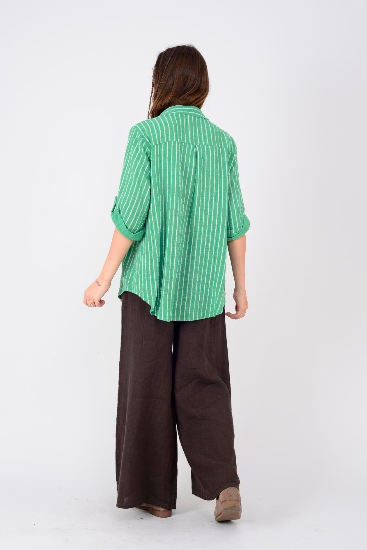 23003 Çizgili Yakasız Keten Gömlek