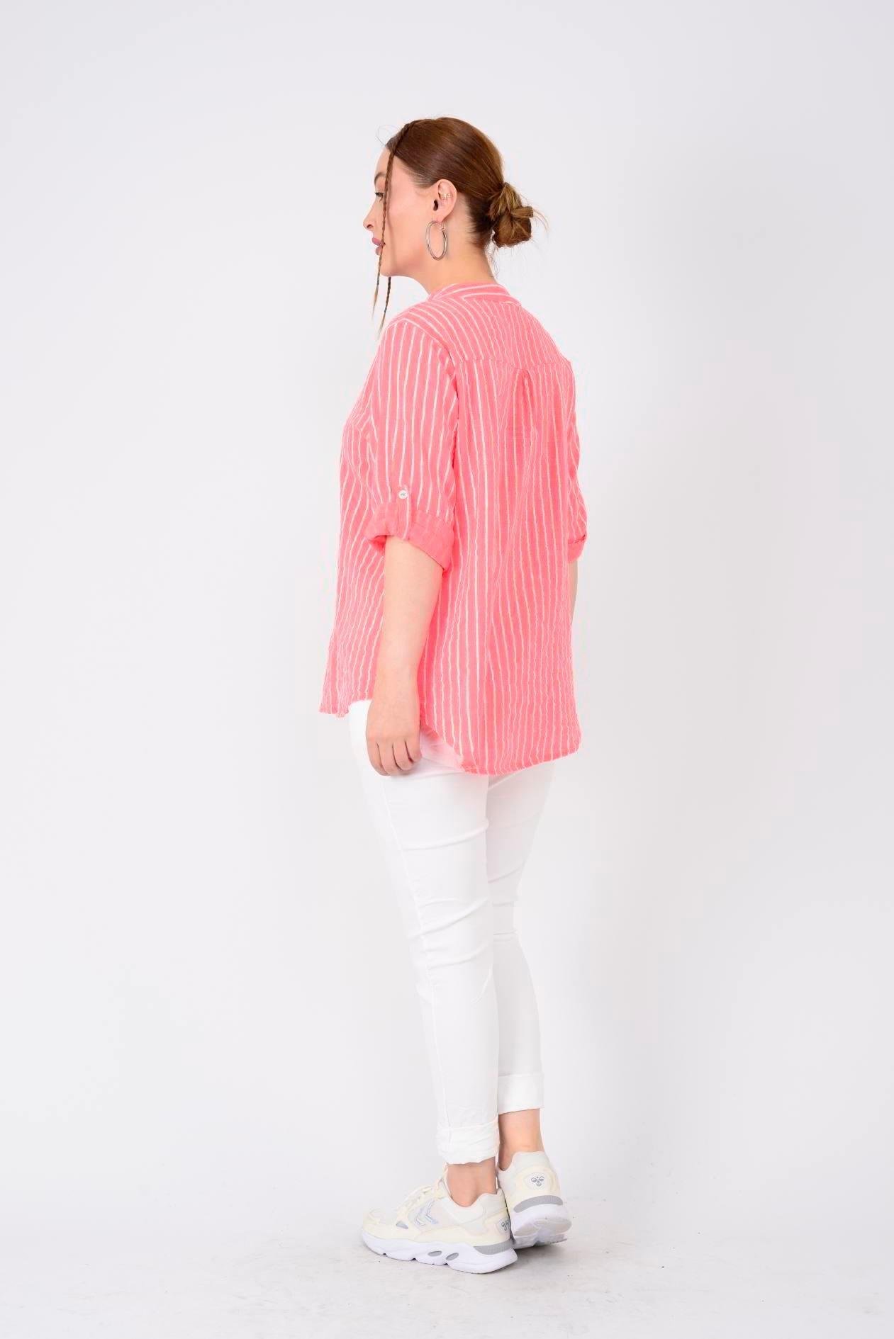 23003 Çizgili Yakasız Keten Gömlek