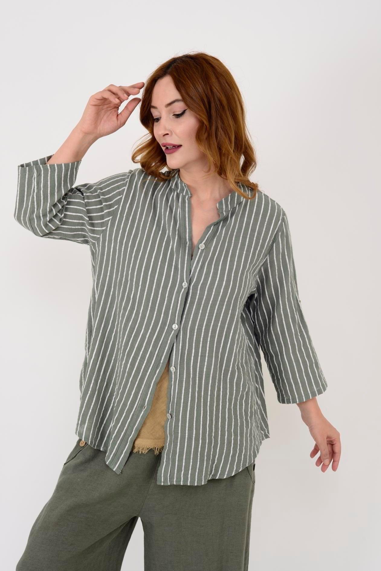 23003 Çizgili Yakasız Keten Gömlek