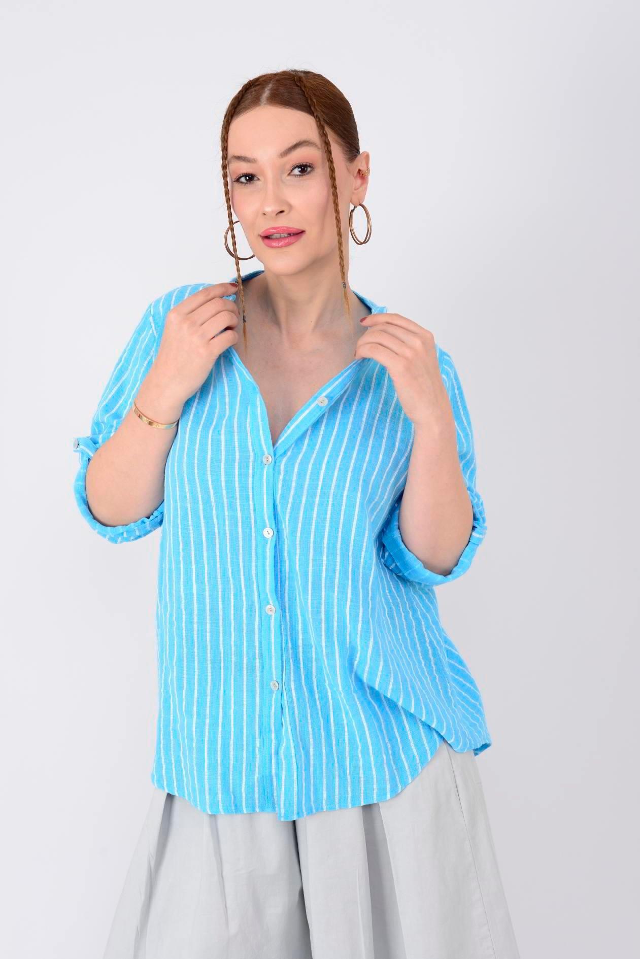 23003 Çizgili Yakasız Keten Gömlek