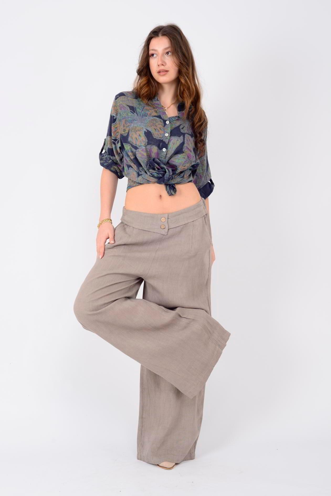 2317 Lova İki Düğme Detay Keten Pantolon