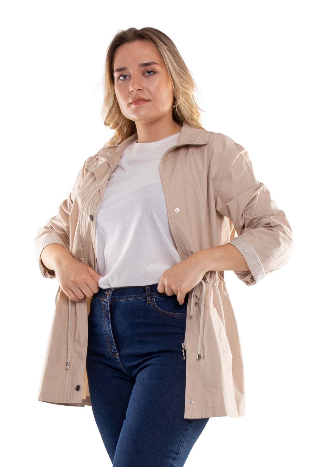 2381 Büyük Beden Beli Bağcıklı Kol Katlama Astarsız Pamuk Yağmurluk