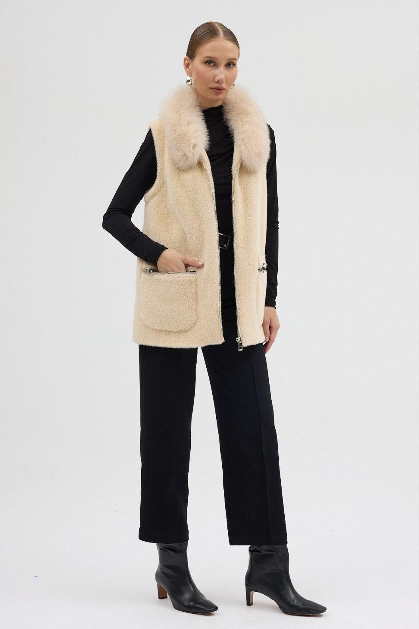 2389 Yaka Kürklü Fermuarlı Cepli Yumoş Yelek