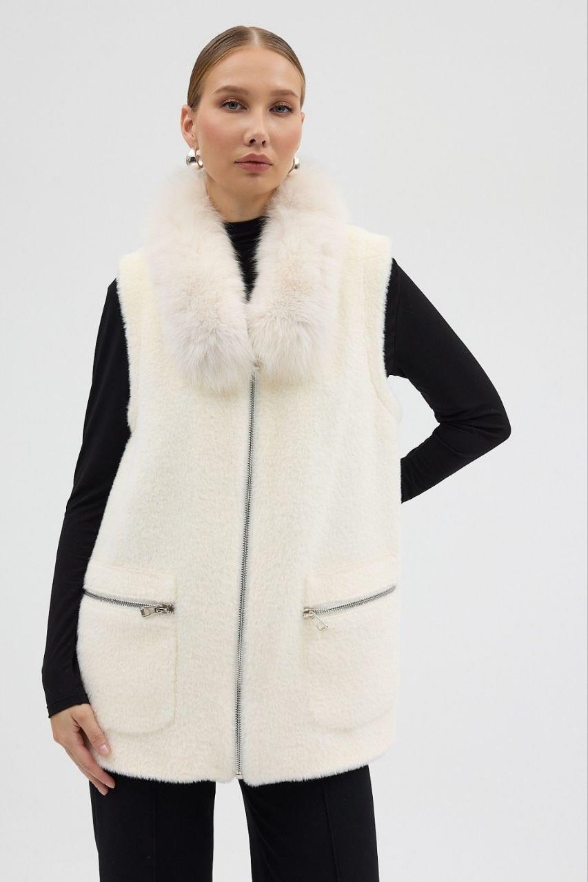 2389 Yaka Kürklü Fermuarlı Cepli Yumoş Yelek