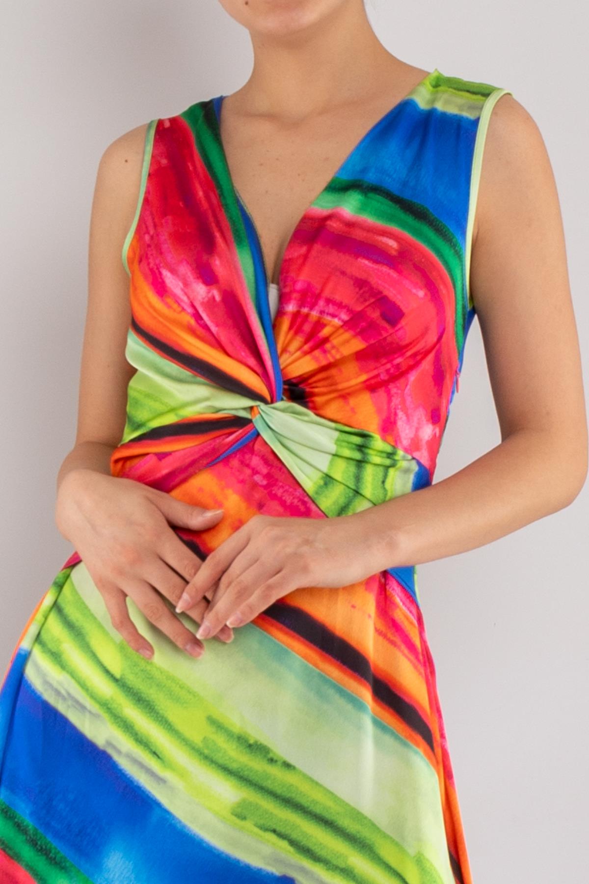 23Y2109 Önü Büzgülü Saten Şifon Kolsuz Karışık Renkli Midiboy Elbise