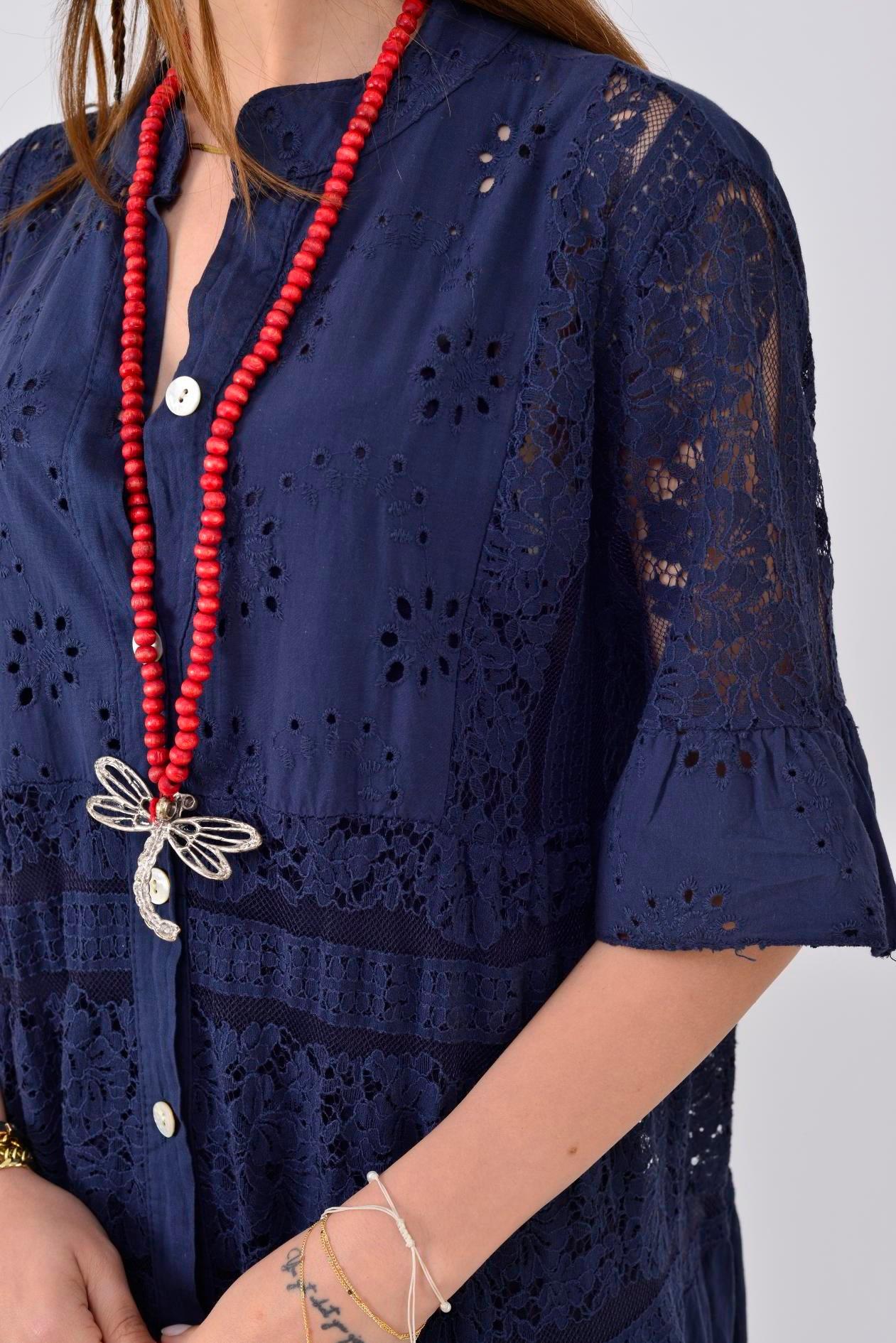 24029 Dantelli Kısa Kol Düğmeli Kısa Astarlı Elbise