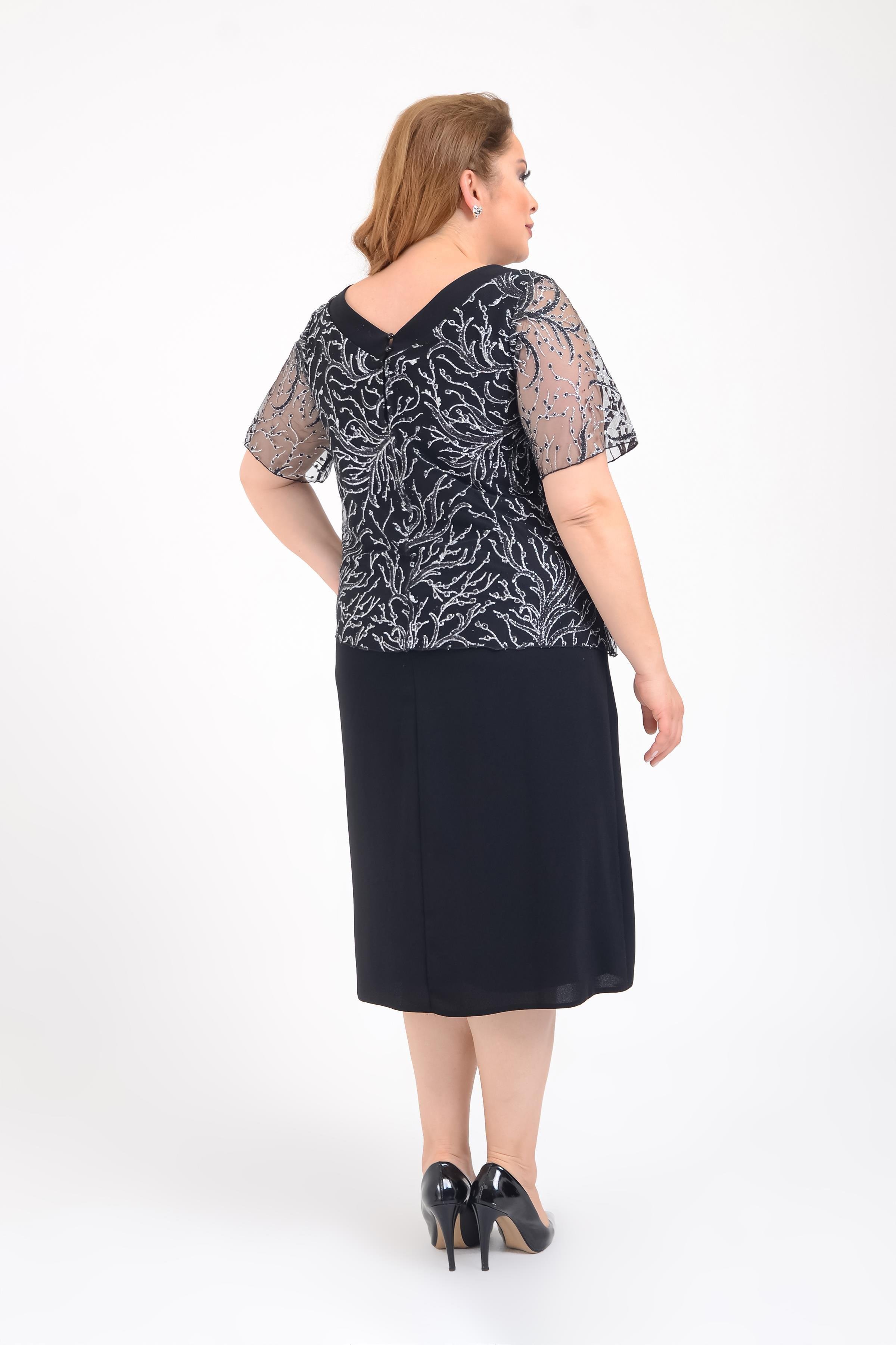 2421 Büyük Beden Oval Yaka Simli Bluz Detay Kısa Krep Elbise