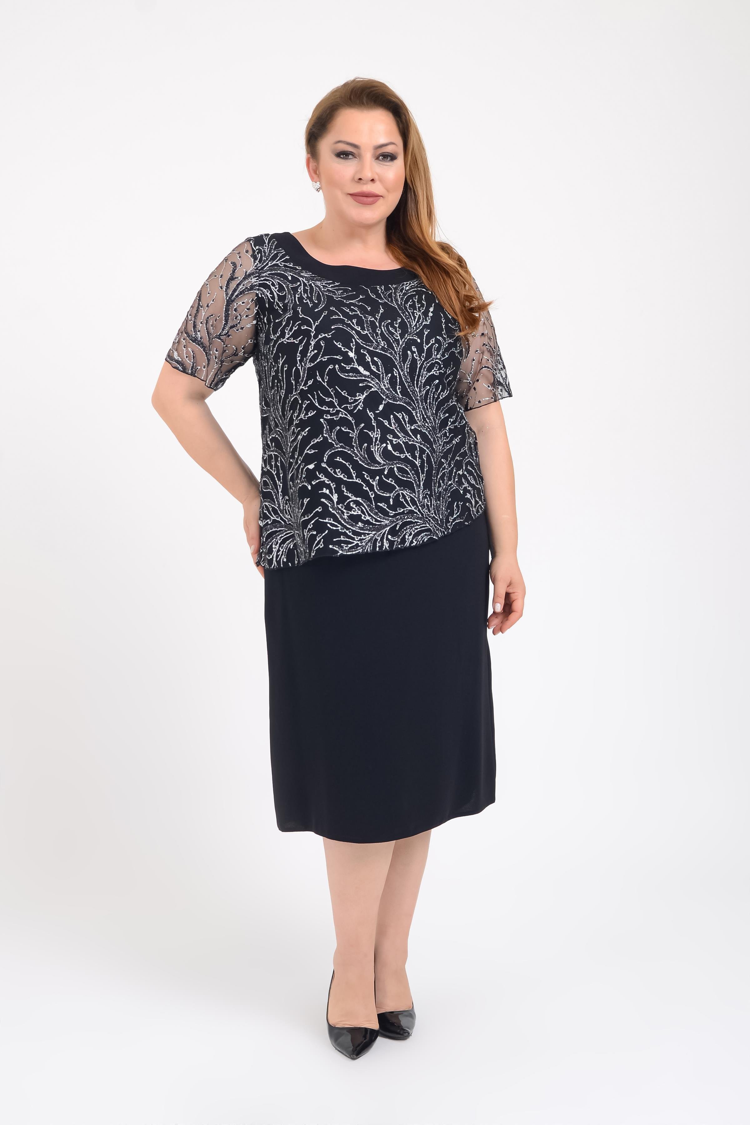 2421 Büyük Beden Oval Yaka Simli Bluz Detay Kısa Krep Elbise