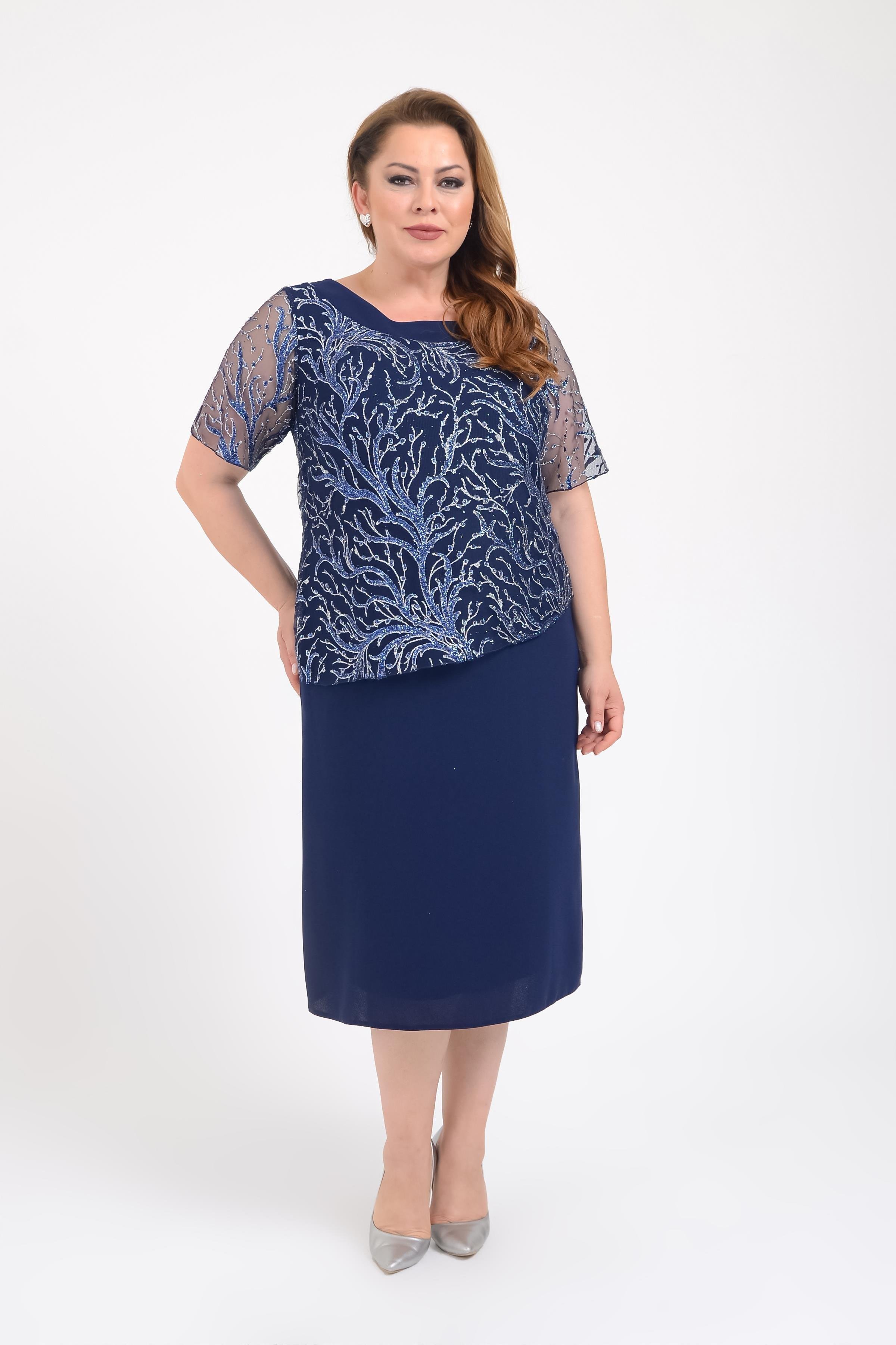 2421 Büyük Beden Oval Yaka Simli Bluz Detay Kısa Krep Elbise