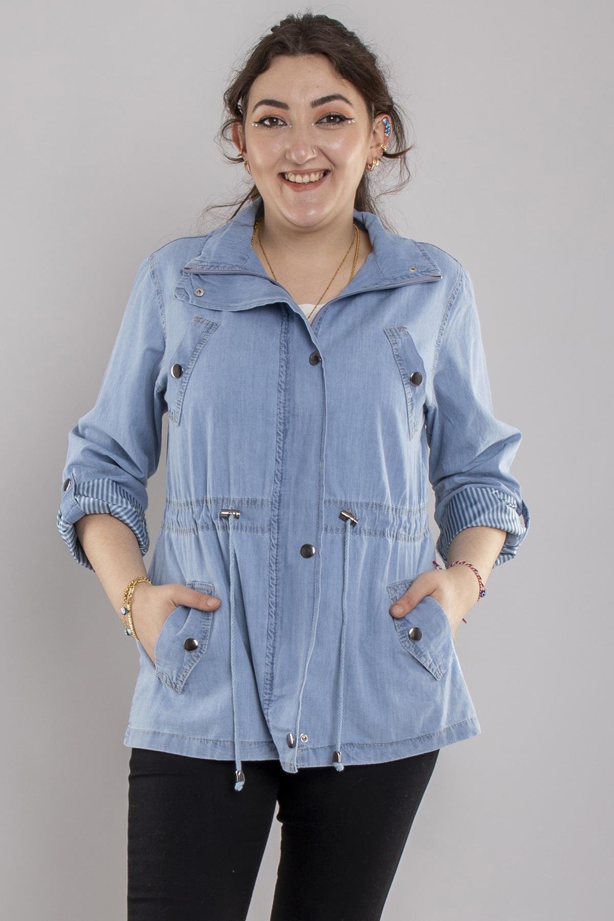 2434 Beli İpli Kol Katlama Pamuk Tencel Kadın Yağmurluk