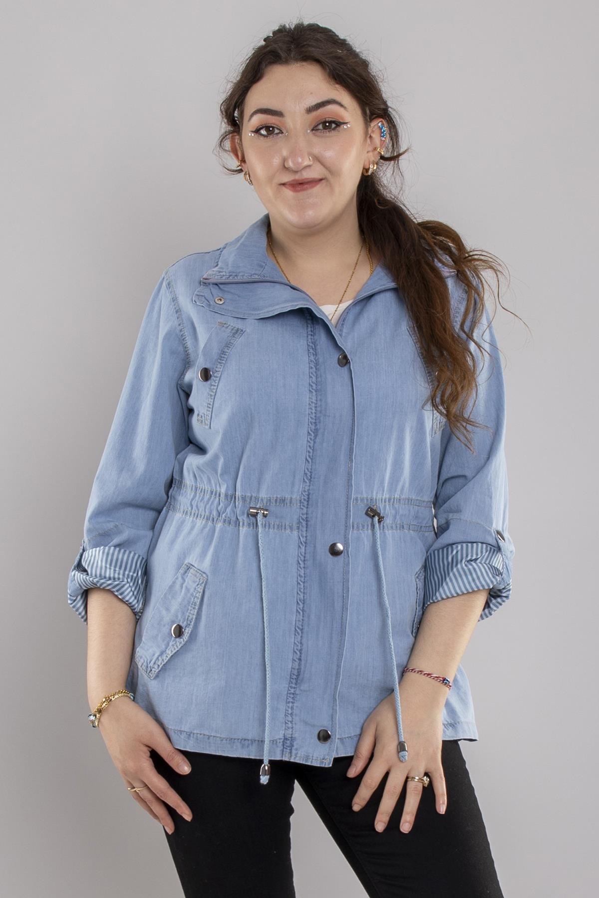 2434 Beli İpli Kol Katlama Pamuk Tencel Kadın Yağmurluk