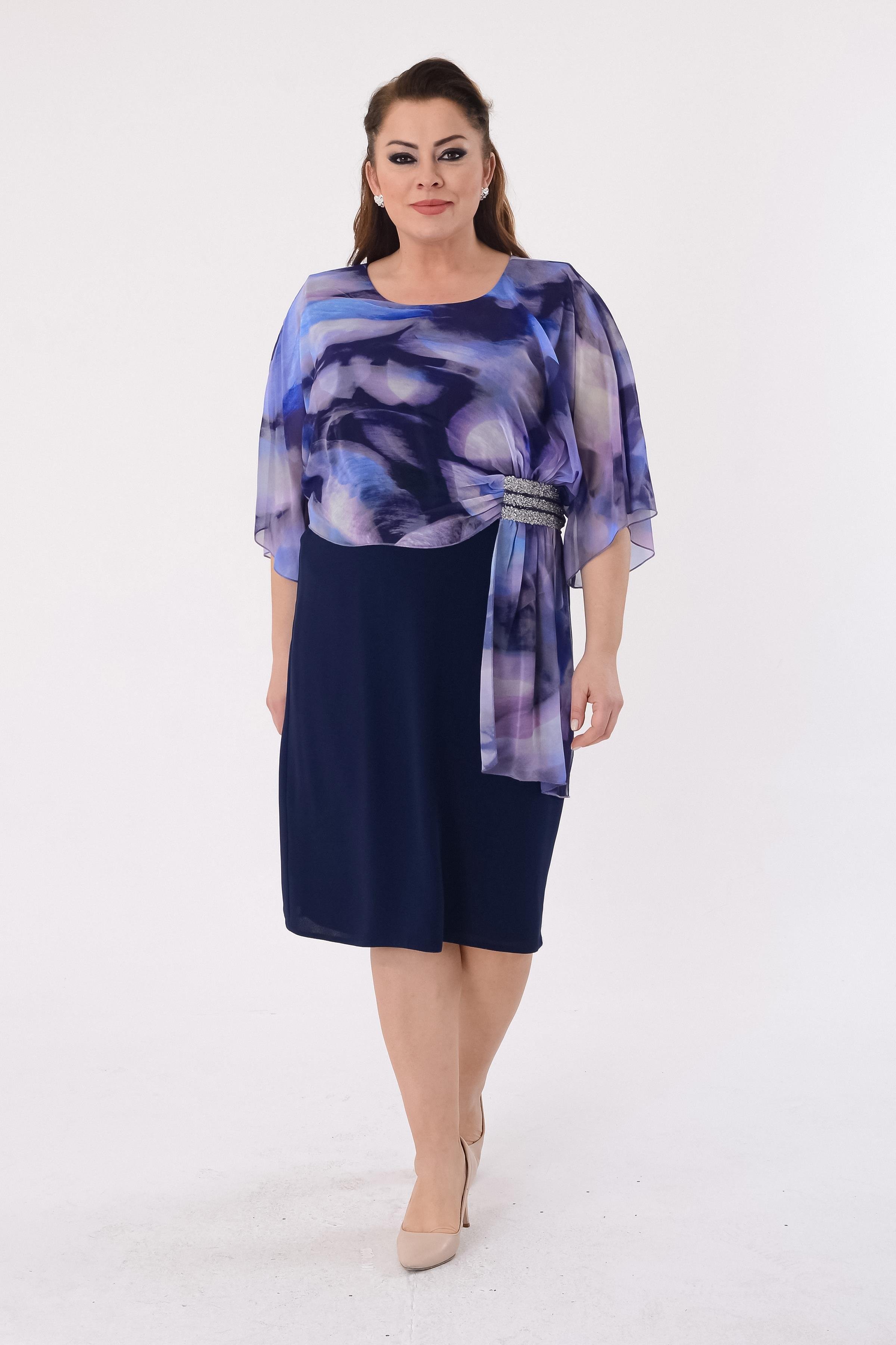 2456 Büyük Beden Şifon Desenli Krep Kısa Elbise