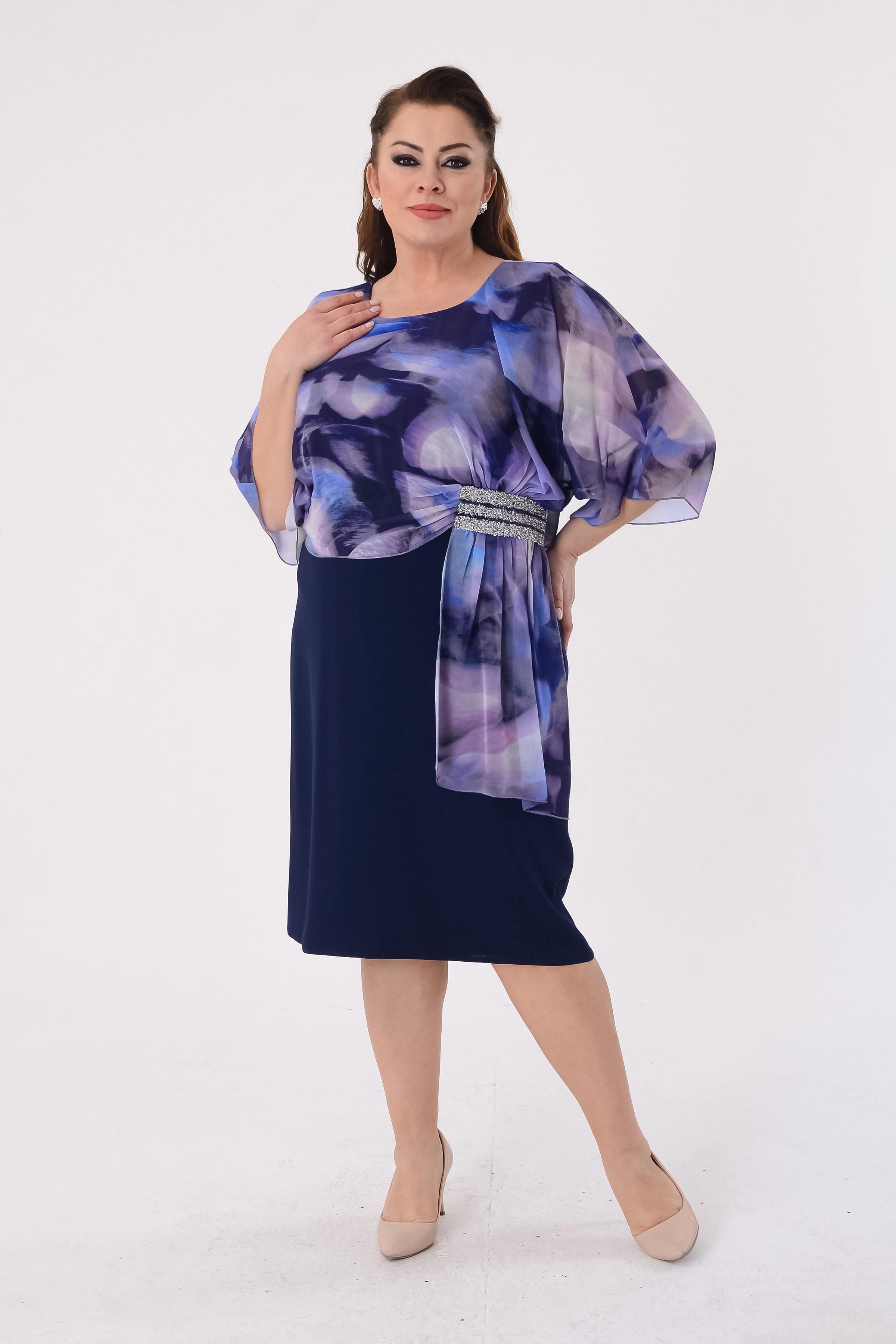 2456 Büyük Beden Şifon Desenli Krep Kısa Elbise