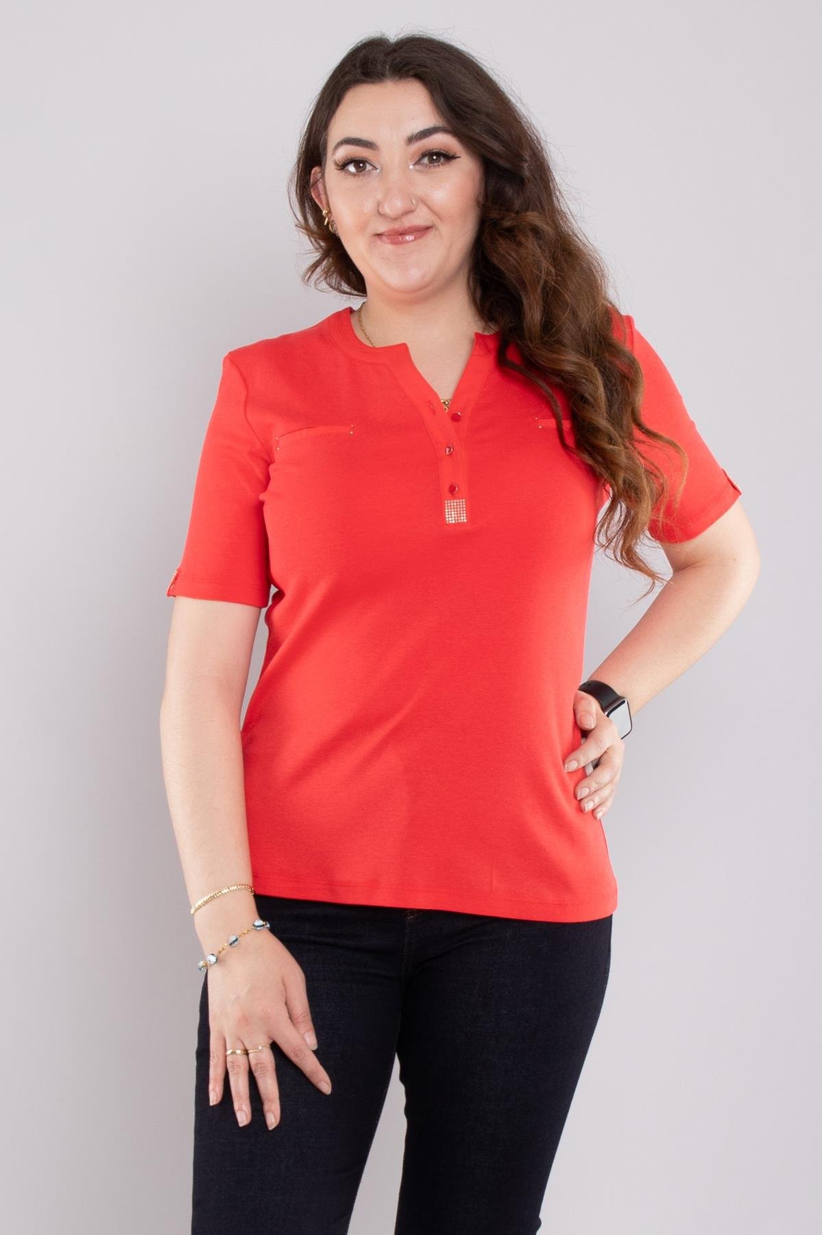 24E013 Vyaka Düğmeli Cepli Kısa Kol Bluz