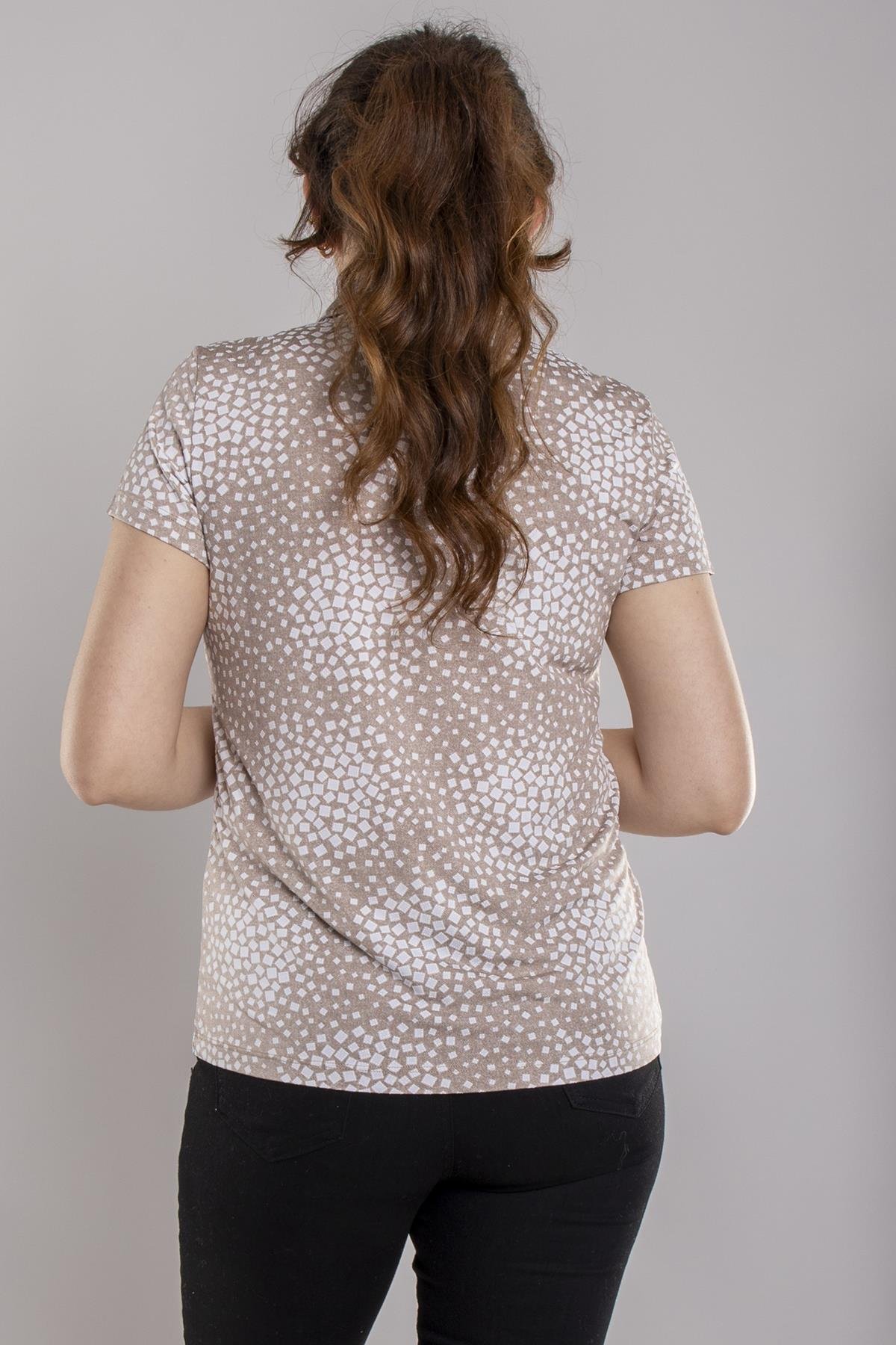 24E026 Polo Yaka Düğmeli Baskılı Kısa Kol Bluz