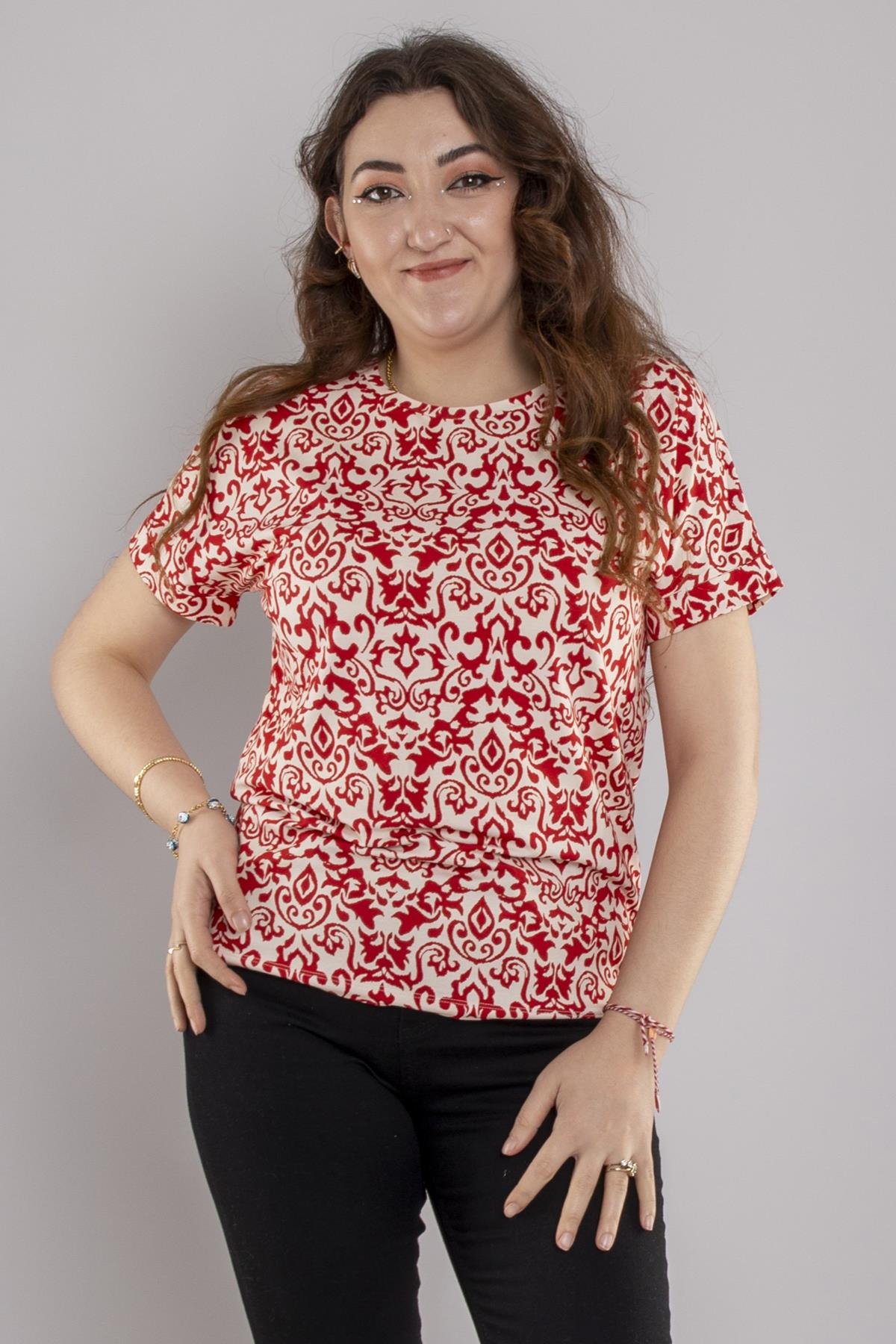 24E027 Bisiklet Yaka Etnik Desen Viscon Kısa Kol Bluz