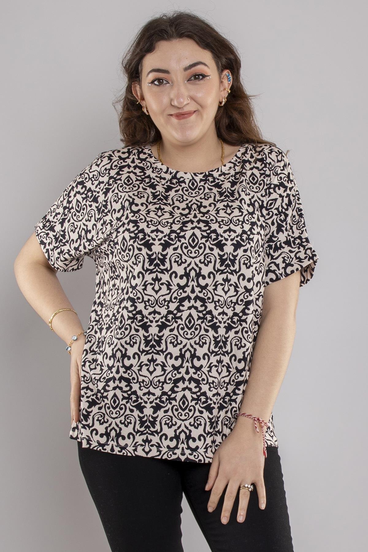 24E027 Bisiklet Yaka Etnik Desen Viscon Kısa Kol Bluz