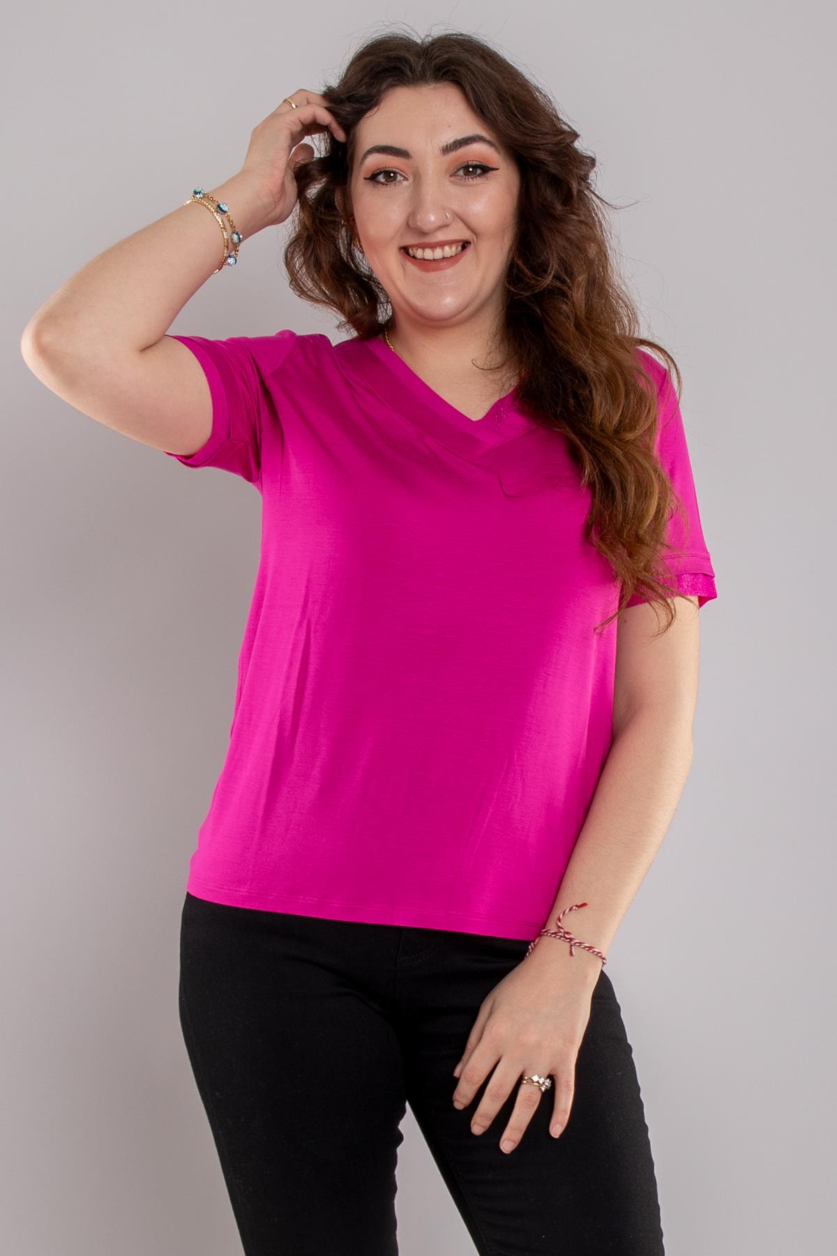 24E032 Vyaka Sim Kumaş Detaylı Viscon Kısa Kol Bluz