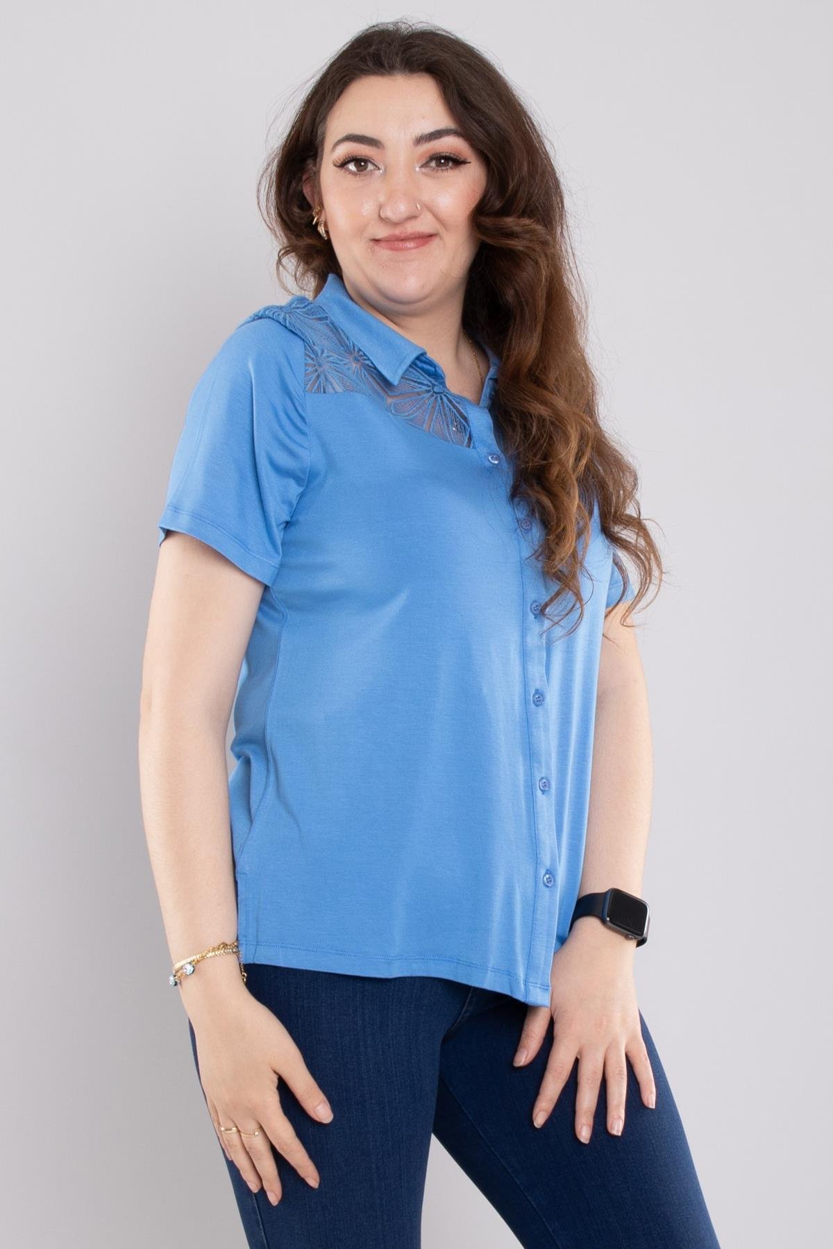 24E040 Yakalı Dantel Detay Viscon Kısa Kol Bluz