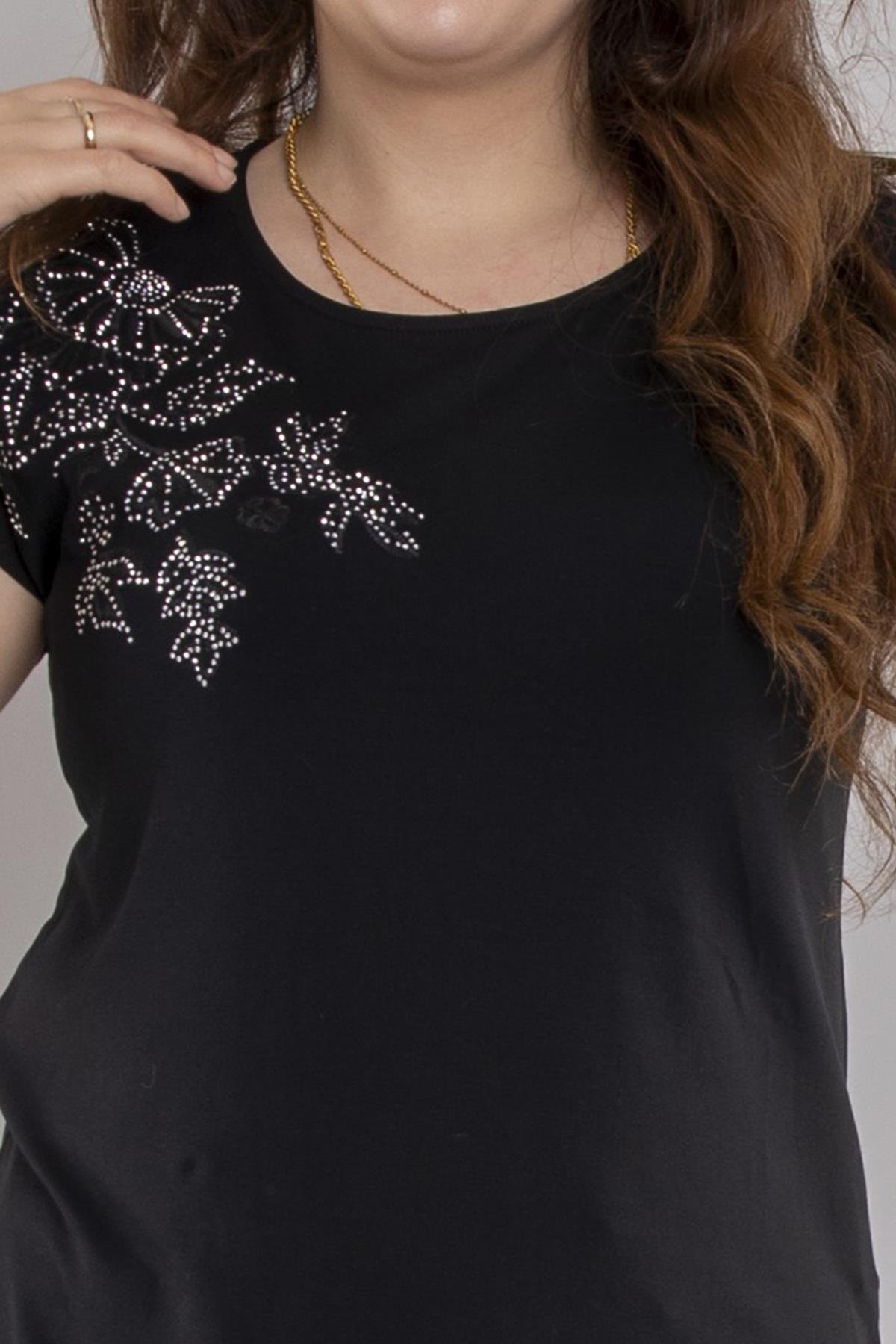 24E044 Tek Omuz Taşlı Çiçek Baskı Kısa Kol Bluz