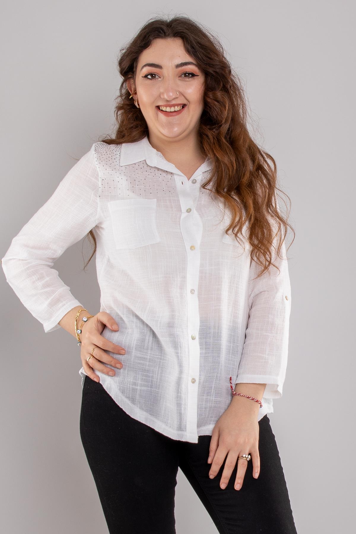 24E054 Omuz Serpme Taş Cepli Pamuklu Gömlek