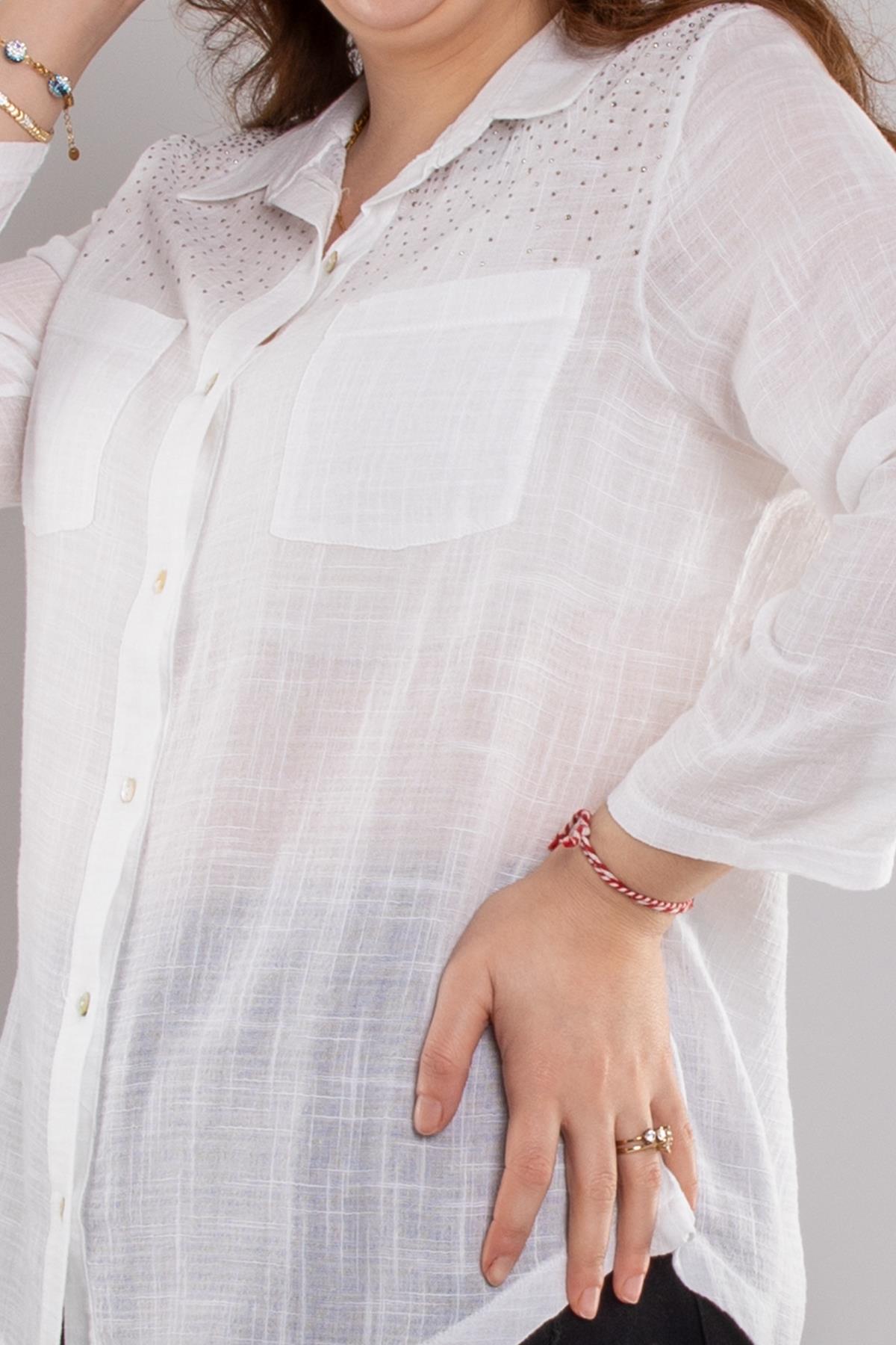 24E054 Omuz Serpme Taş Cepli Pamuklu Gömlek