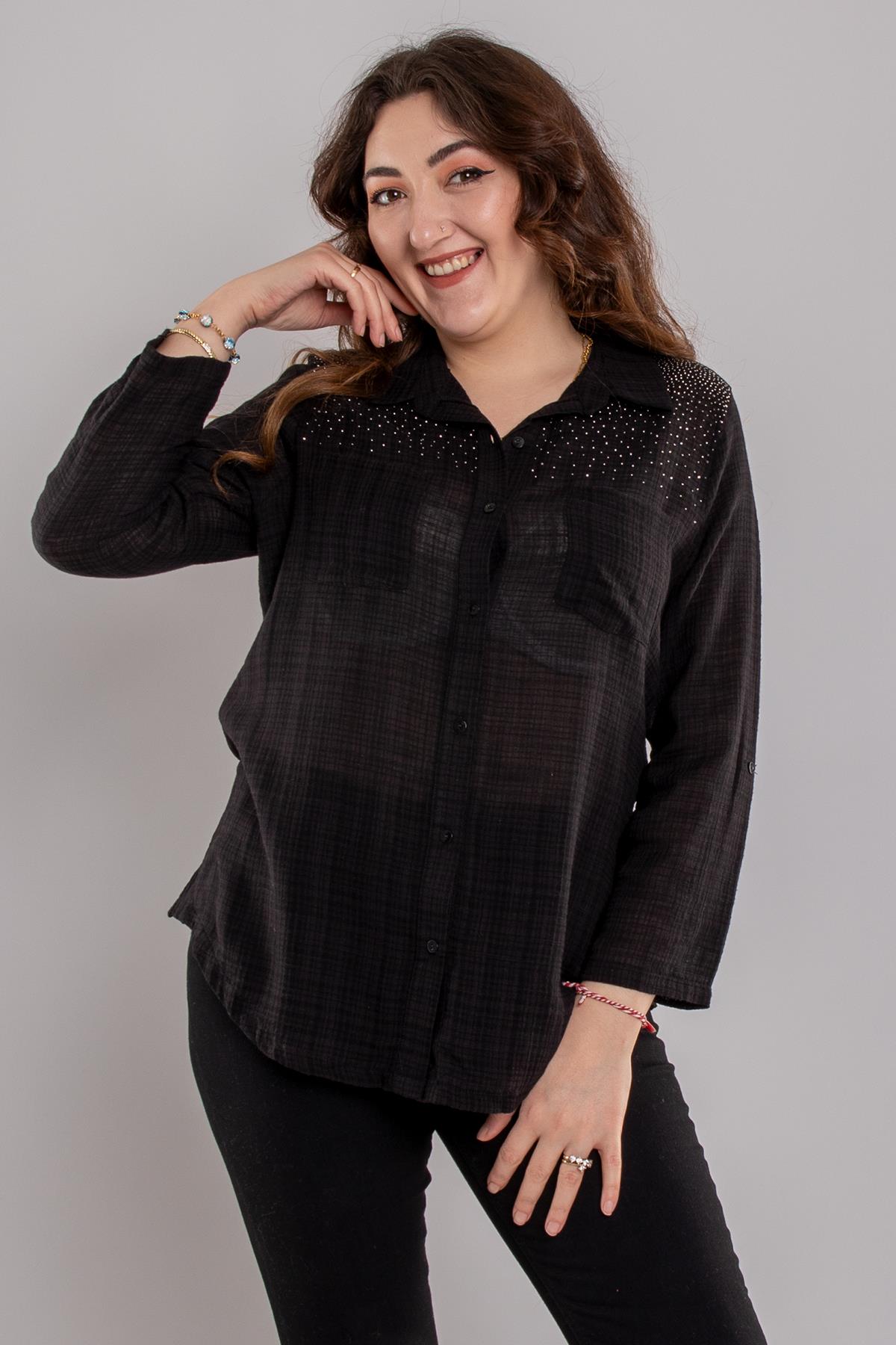 24E054 Omuz Serpme Taş Cepli Pamuklu Gömlek