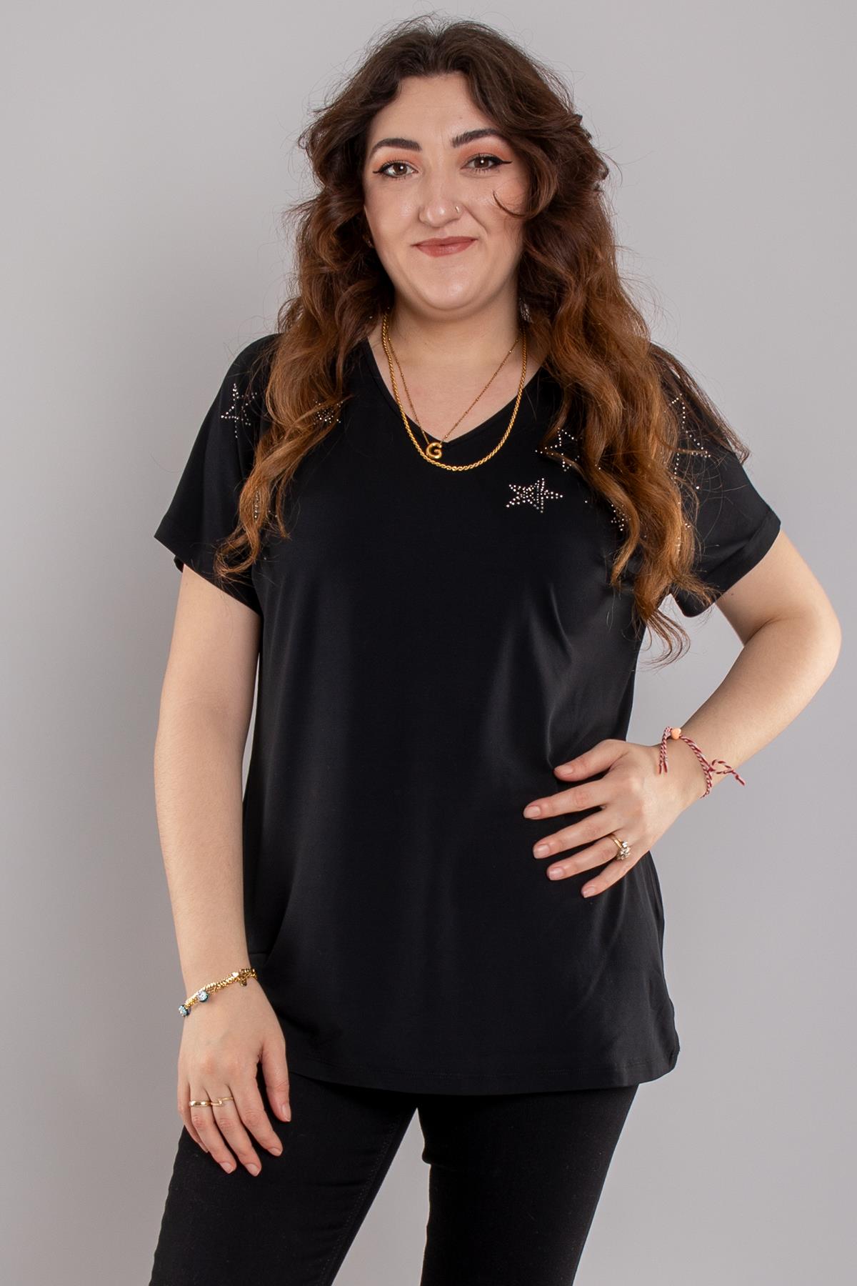 24E105 Yıldız Taş Baskılı Kısa Kol Viscon Bluz