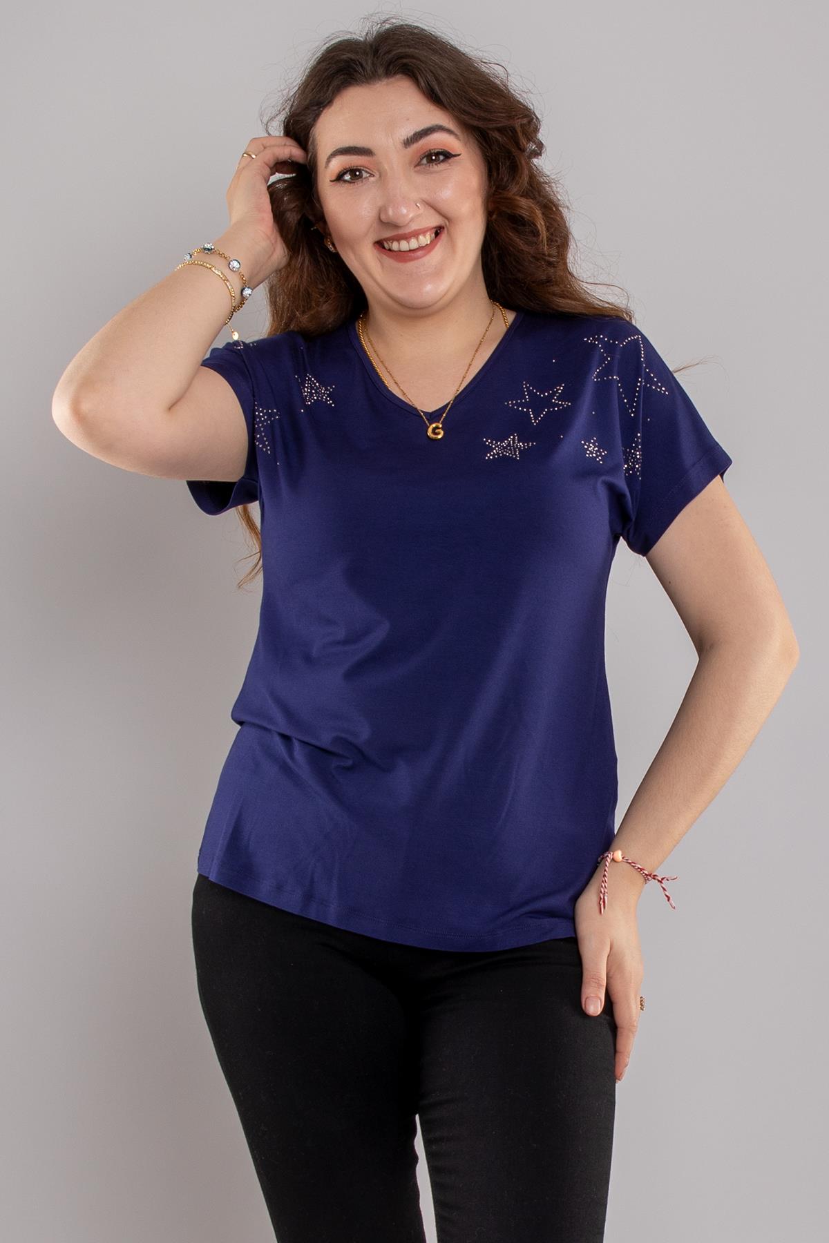 24E105 Yıldız Taş Baskılı Kısa Kol Viscon Bluz