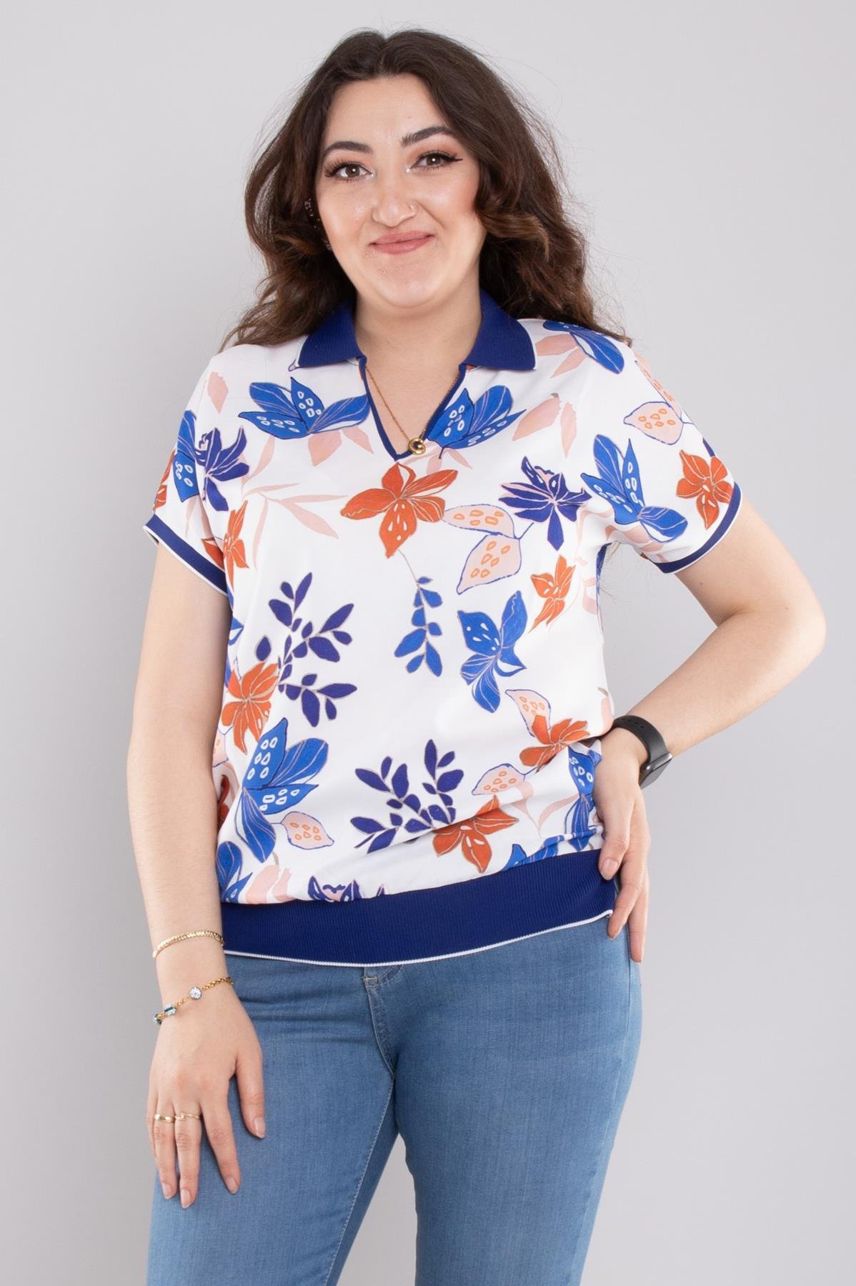 24E107 Polo Yaka Desenli Şifon Kısa Kol Bluz