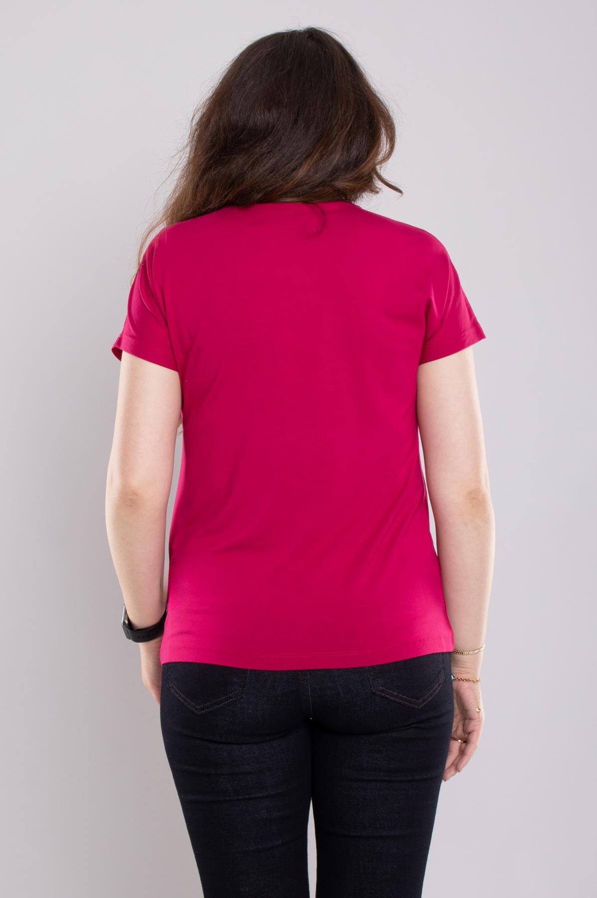 24E116 Serpme Taşlı Bisiklet Yaka Kısa Kol Bluz