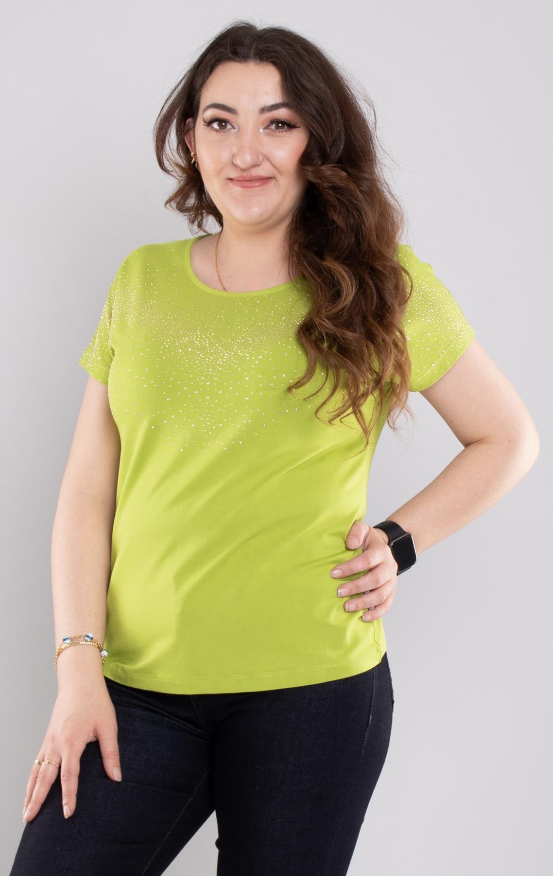 24E116 Serpme Taşlı Bisiklet Yaka Kısa Kol Bluz