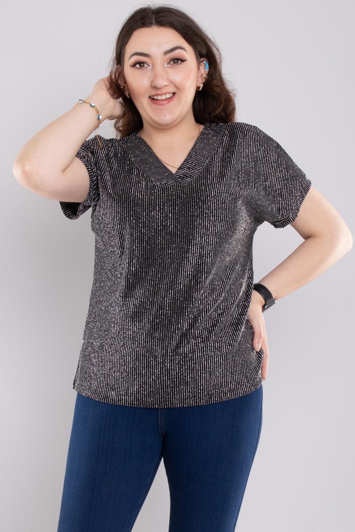 24E156 Vyaka Simli Çizgili Kısa Kol Bluz