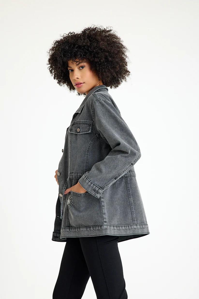 24KC58 Taş Detay Belden Bağlamalı Kot Ceket