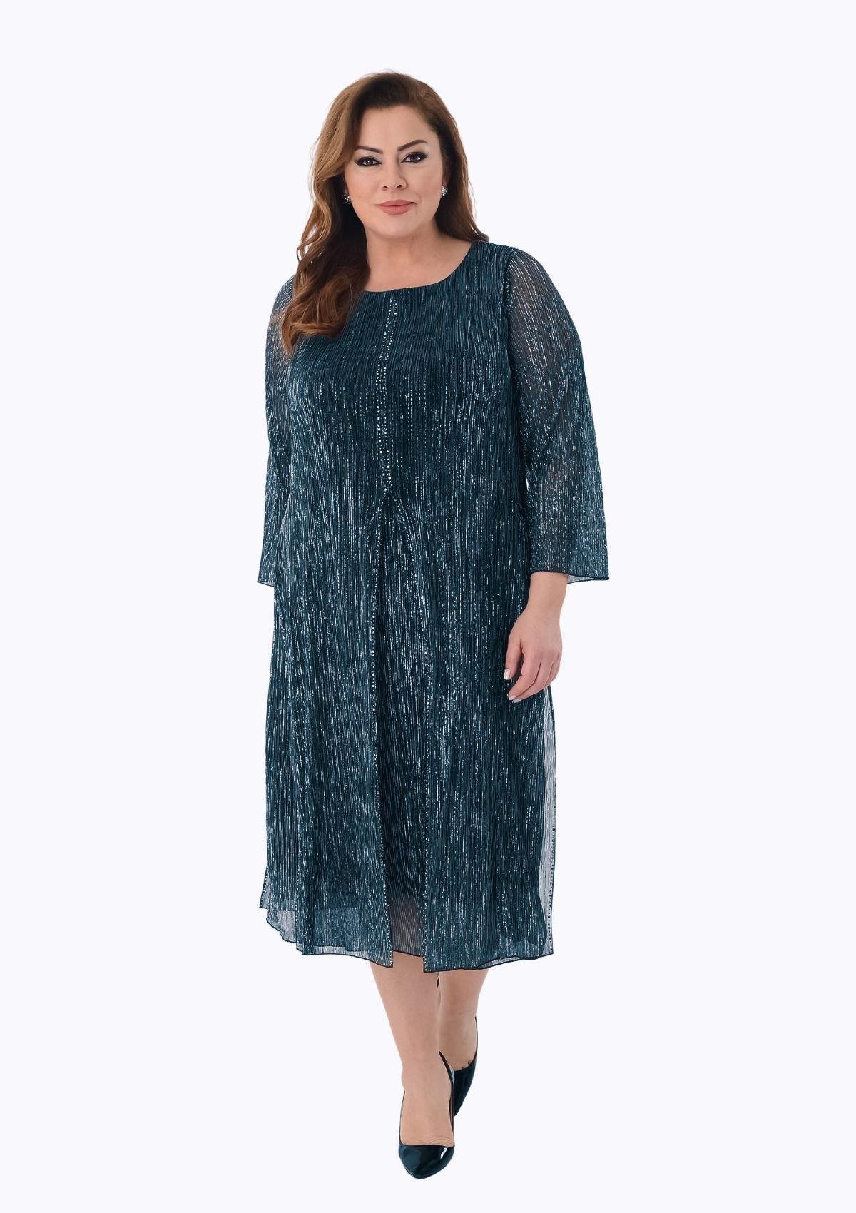 2525 Büyük Beden Jakarlı Pliseli Taş Detay Midiboy Elbise