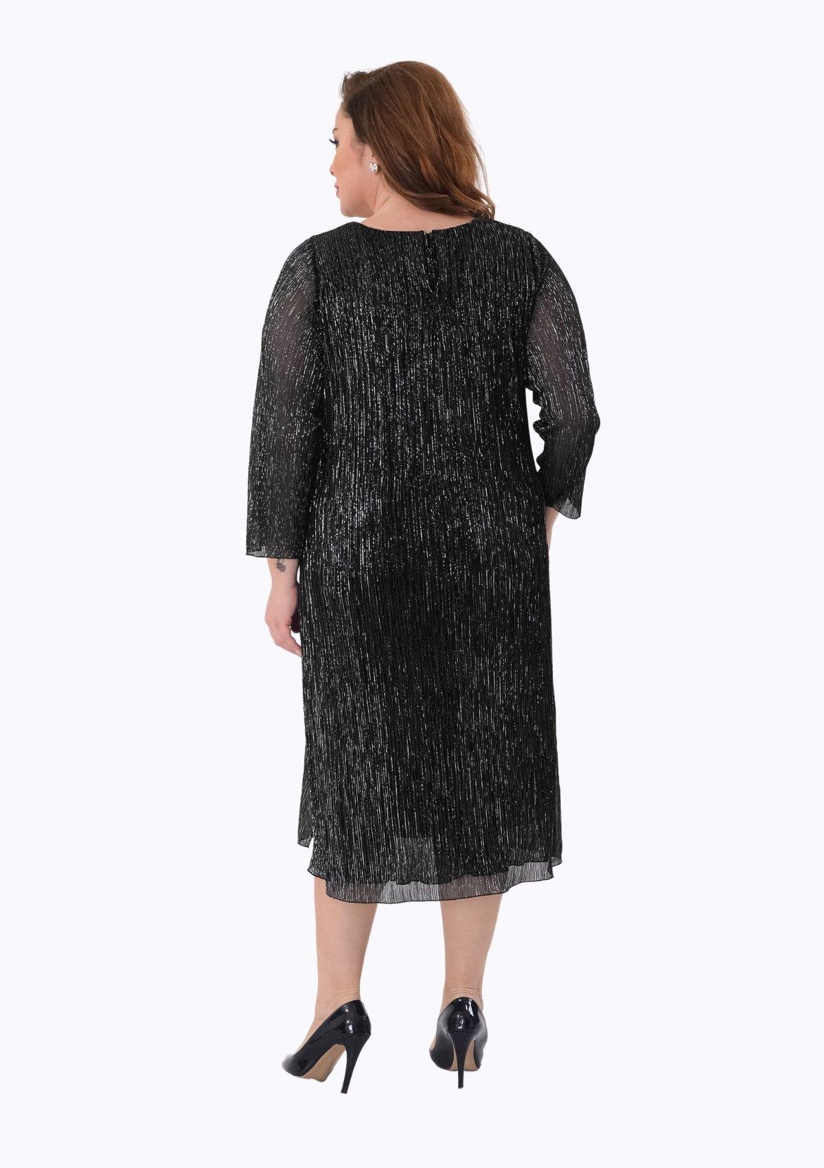 2525 Büyük Beden Jakarlı Pliseli Taş Detay Midiboy Elbise