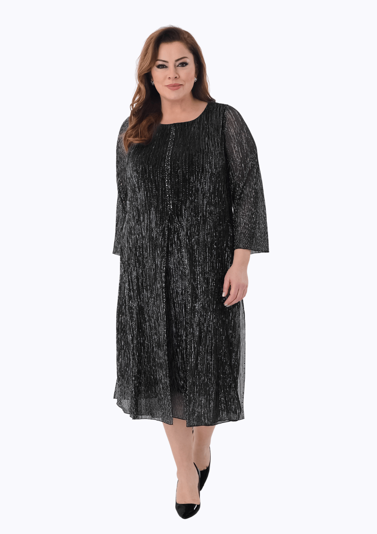 2525 Büyük Beden Jakarlı Pliseli Taş Detay Midiboy Elbise